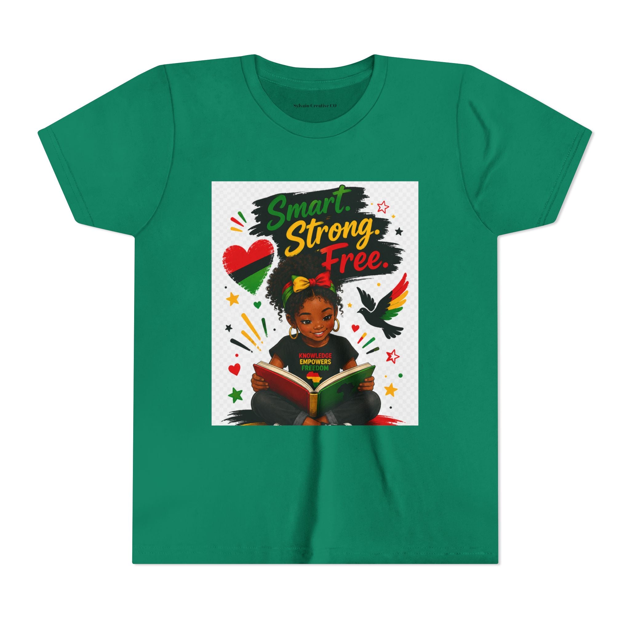 Juneteenth Youth Tee — "Smart. Strong. Free." Black Girl Reading Graphic Kid Shirt