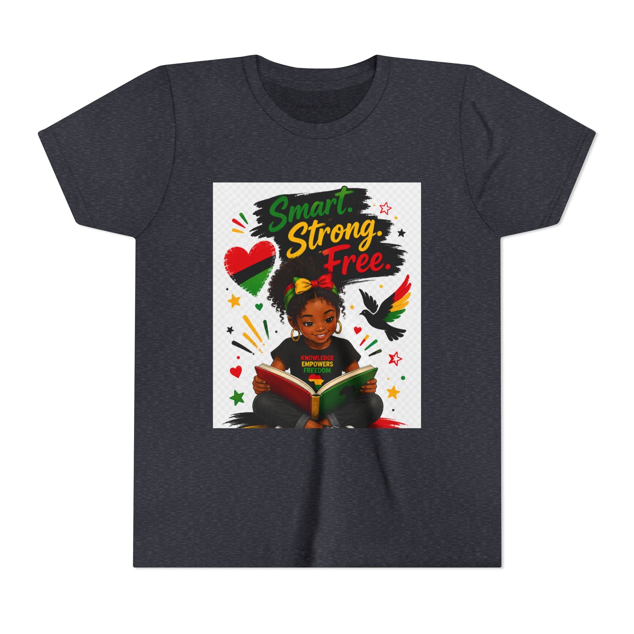 Juneteenth Youth Tee — "Smart. Strong. Free." Black Girl Reading Graphic Kid Shirt
