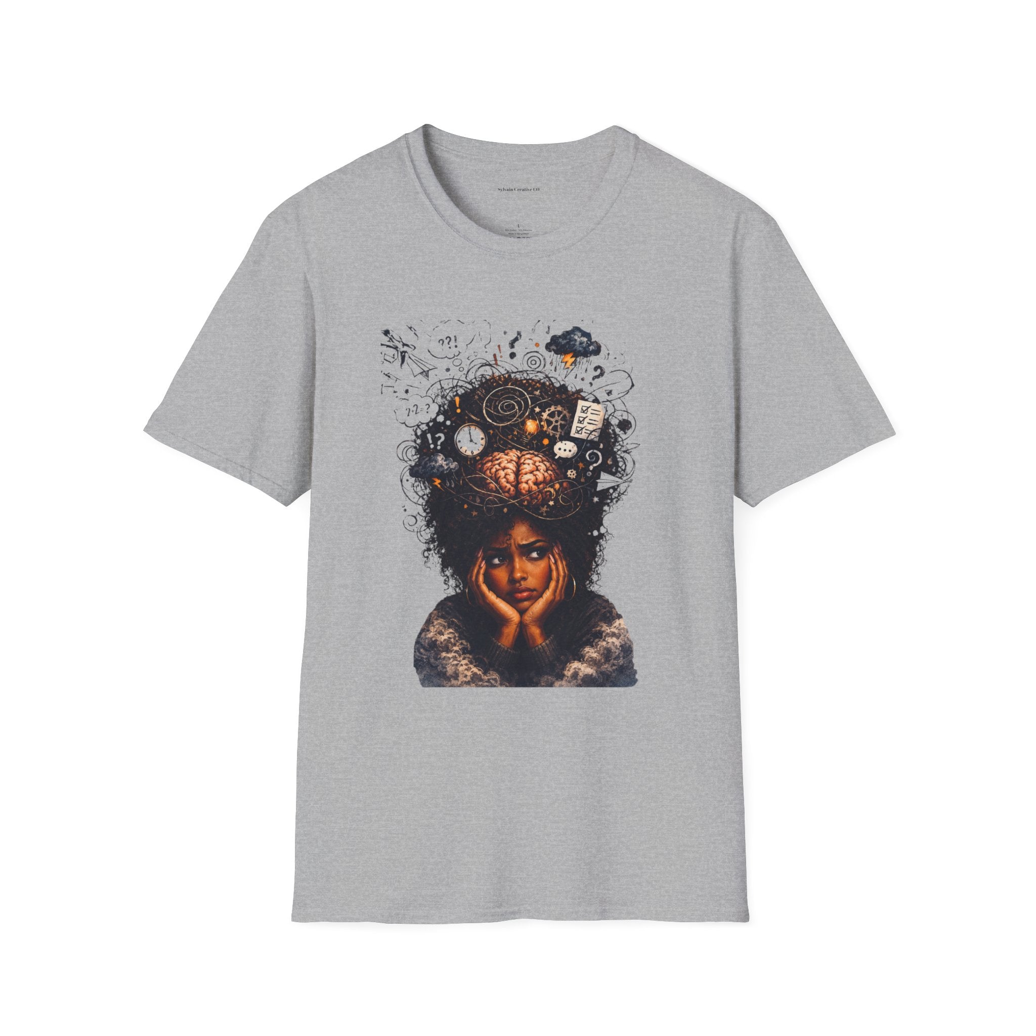 T-Shirt — 'Mindstorm' Graphic Tee Featuring Thoughtful Woman & Brain Doodle Art