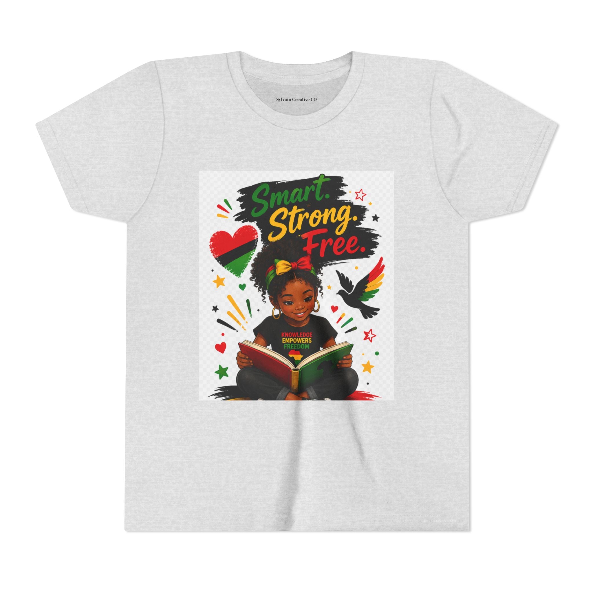 Juneteenth Youth Tee — "Smart. Strong. Free." Black Girl Reading Graphic Kid Shirt