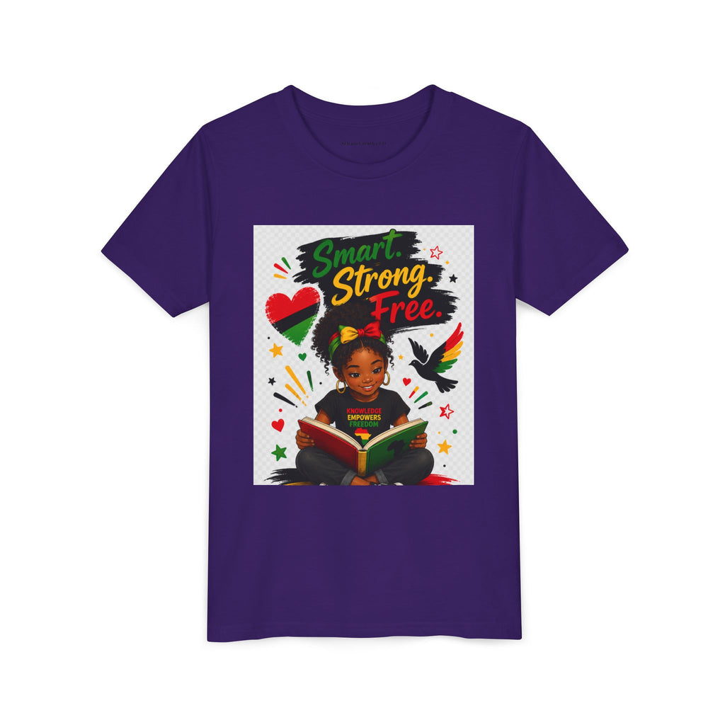 Juneteenth Youth Tee — "Smart. Strong. Free." Black Girl Reading Graphic Kid Shirt