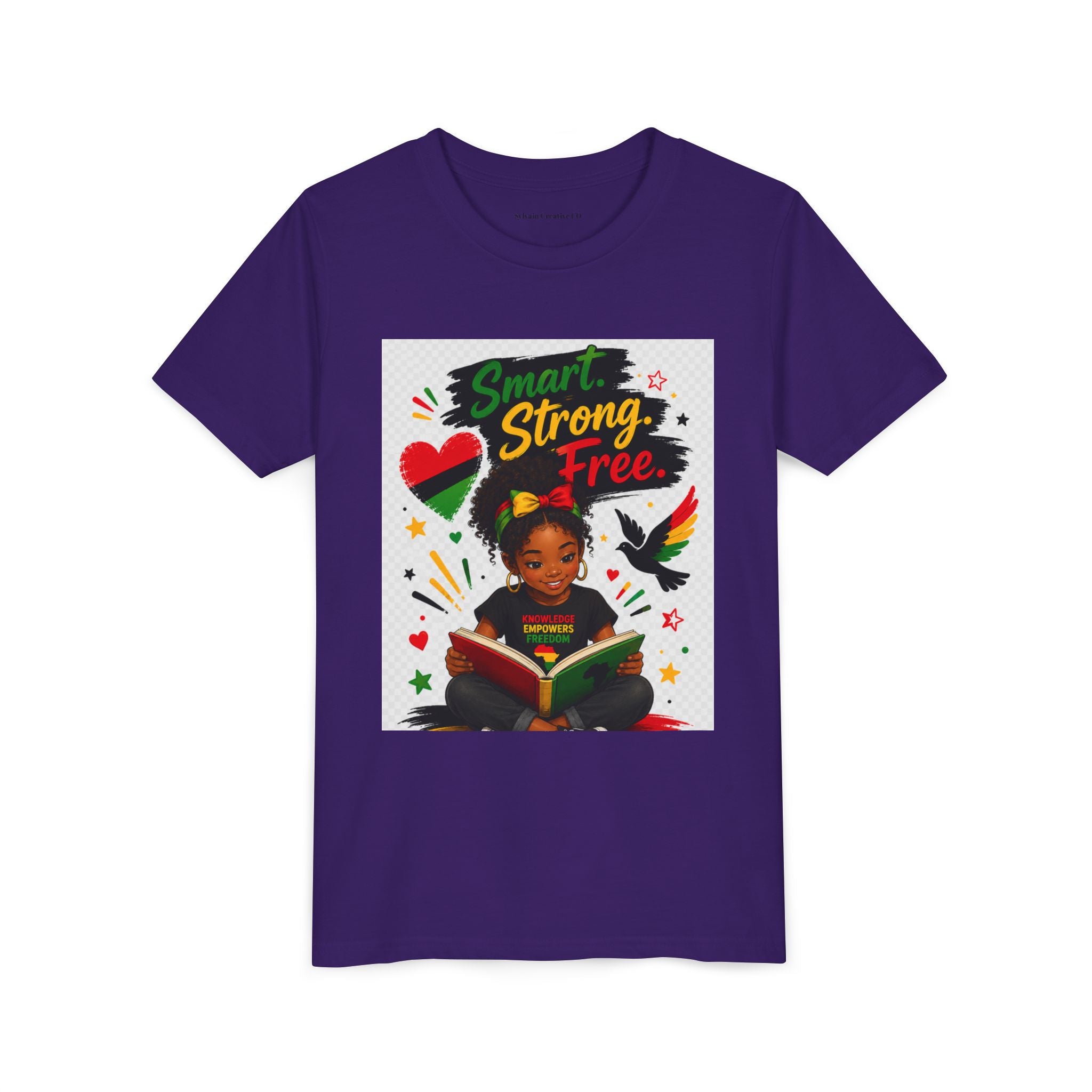 Juneteenth Youth Tee — "Smart. Strong. Free." Black Girl Reading Graphic Kid Shirt