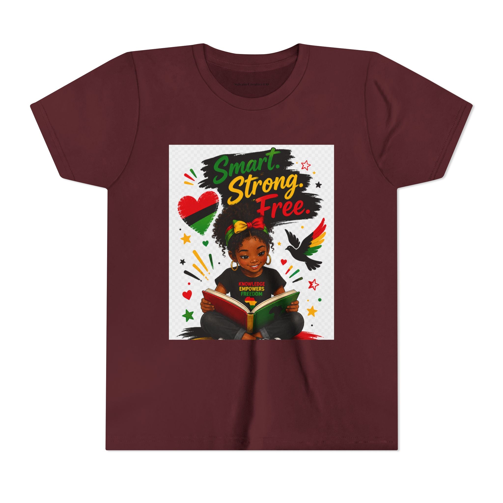 Juneteenth Youth Tee — "Smart. Strong. Free." Black Girl Reading Graphic Kid Shirt