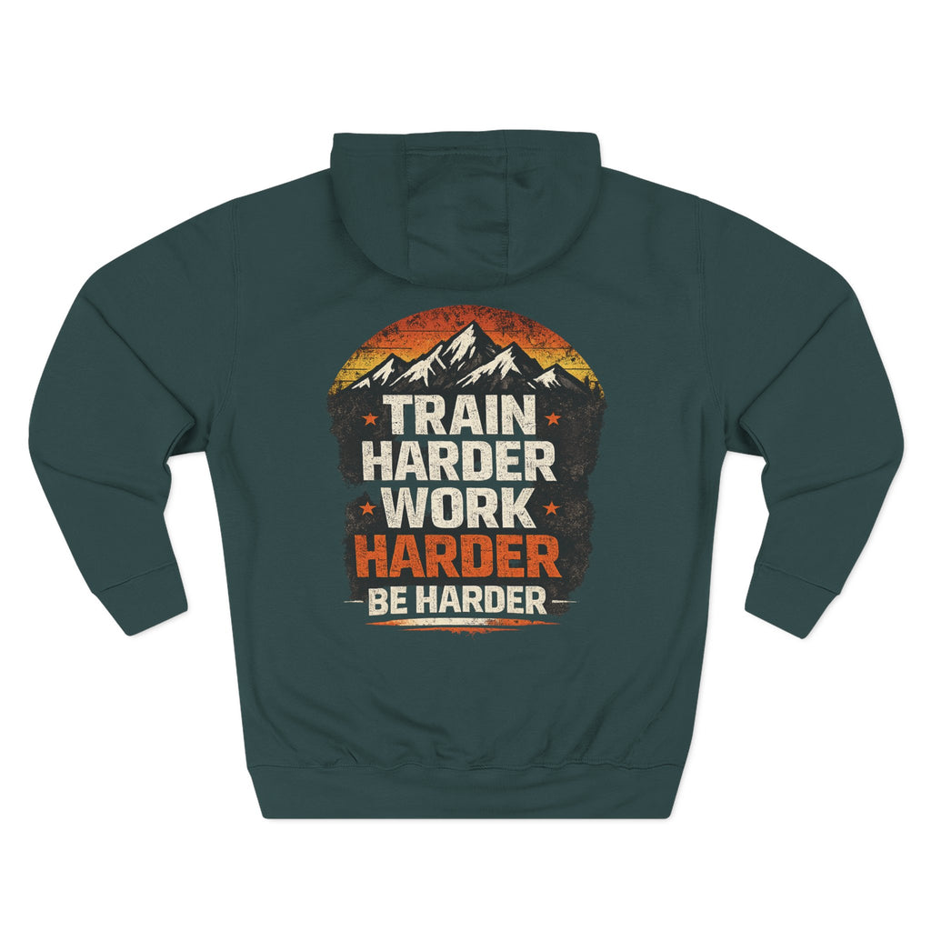 Built Different Hoodie — Retro Mountain "Train Harder, Work Harder" Graphic Hoodie