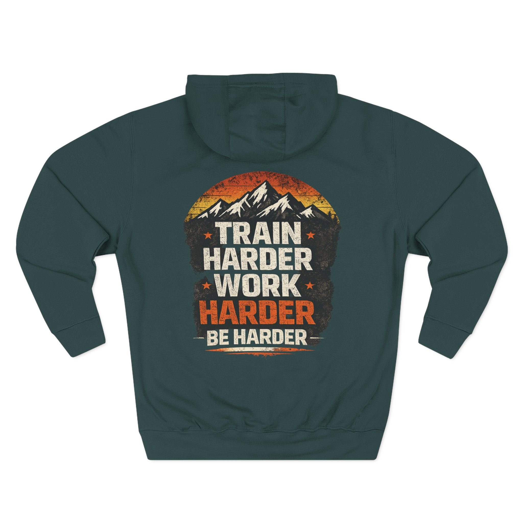Built Different Hoodie — Retro Mountain "Train Harder, Work Harder" Graphic Hoodie