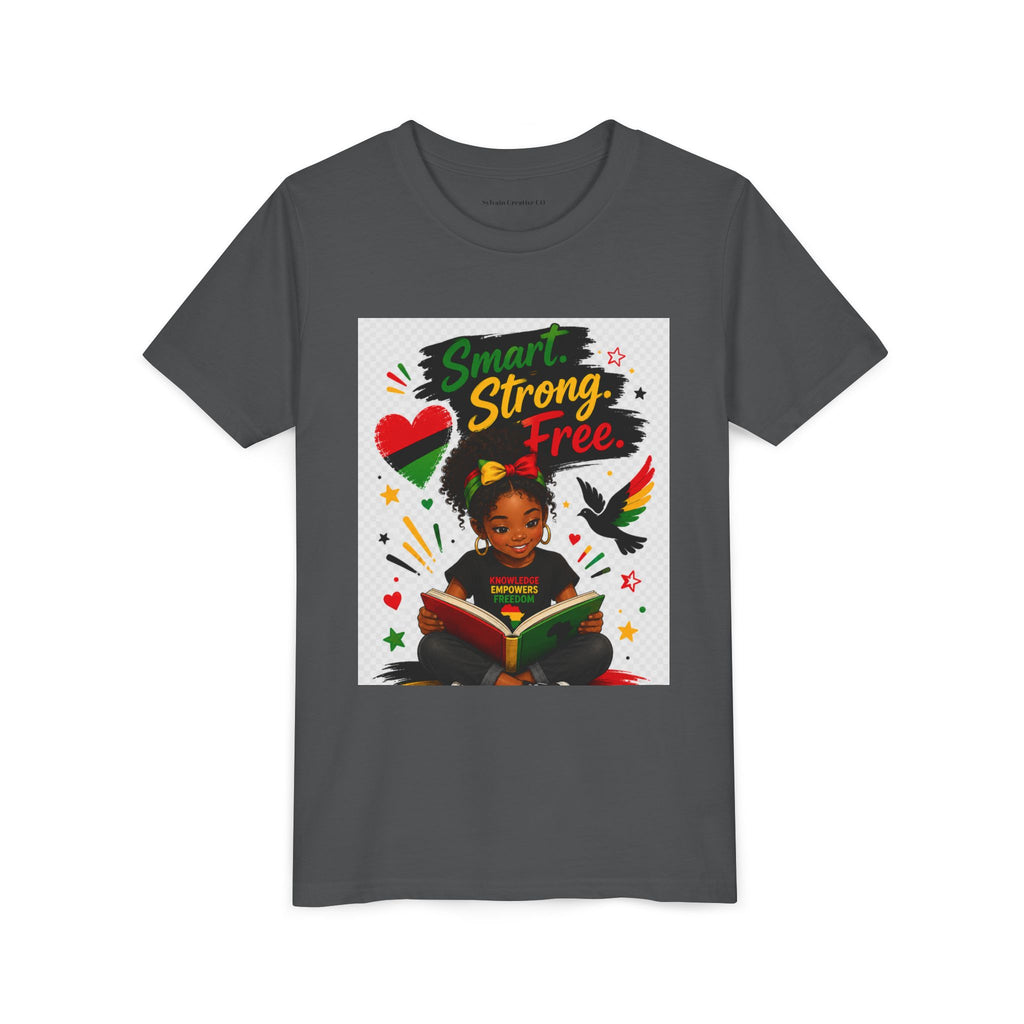 Juneteenth Youth Tee — "Smart. Strong. Free." Black Girl Reading Graphic Kid Shirt