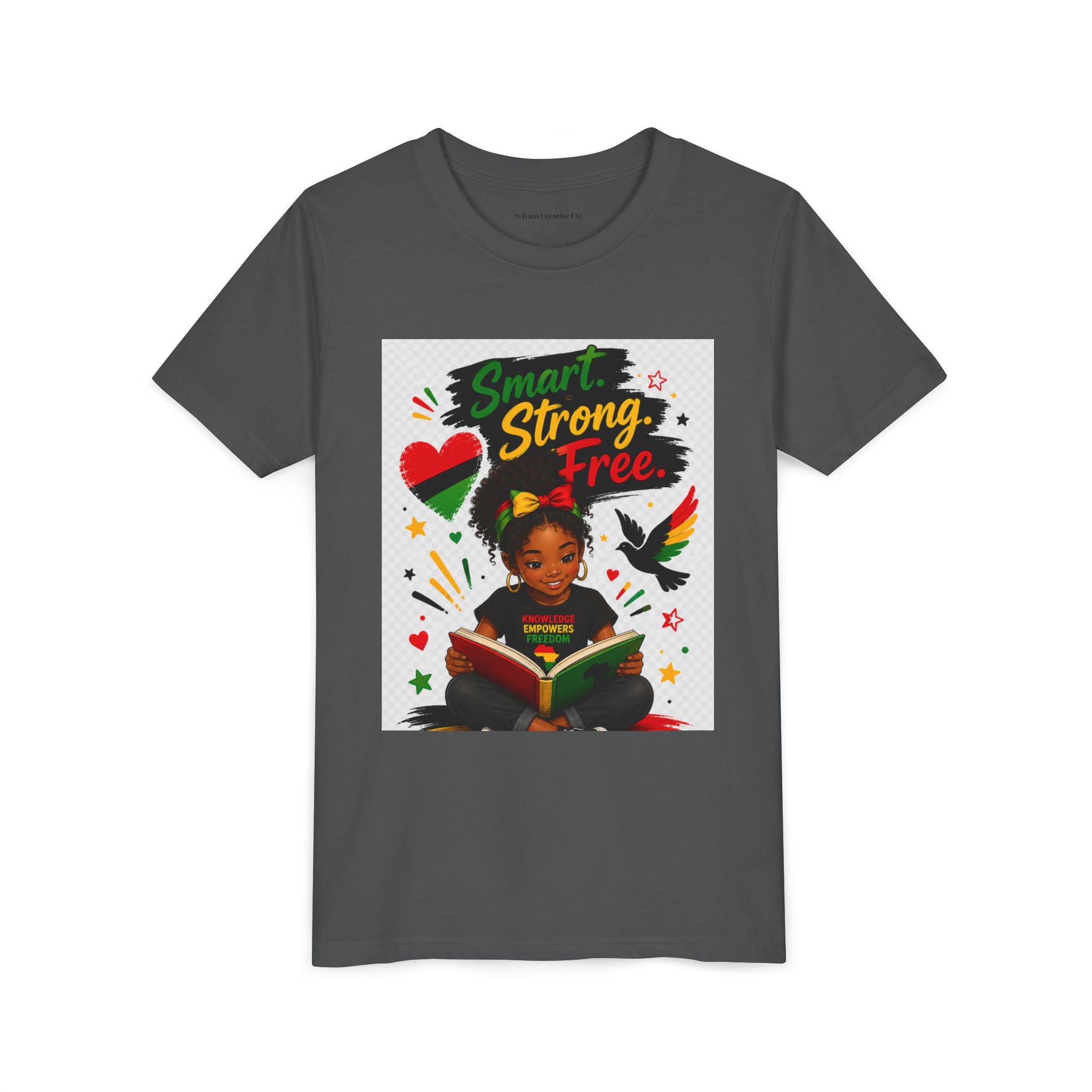 Juneteenth Youth Tee — "Smart. Strong. Free." Black Girl Reading Graphic Kid Shirt