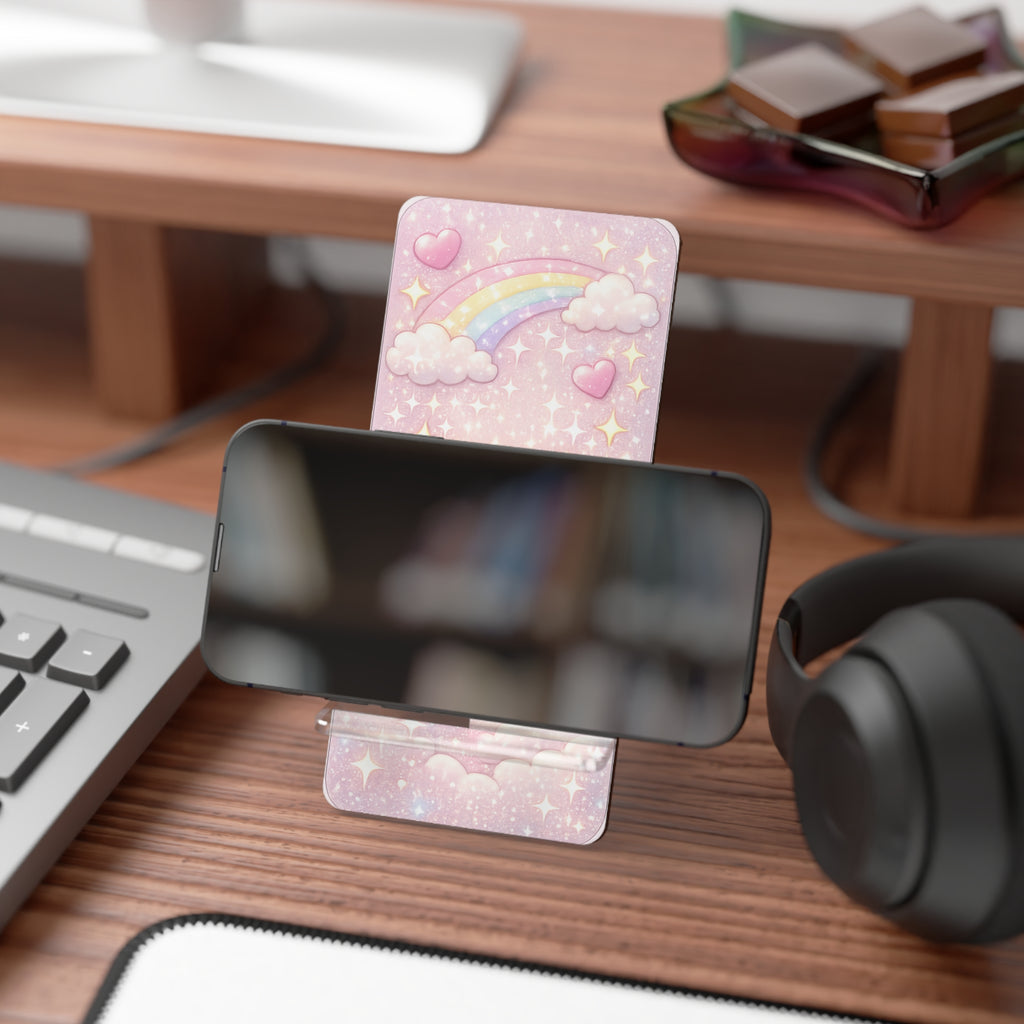 Cute Pink Heart & Rainbow Phone Stand — Foldable Mobile Display Stand for Smartphones