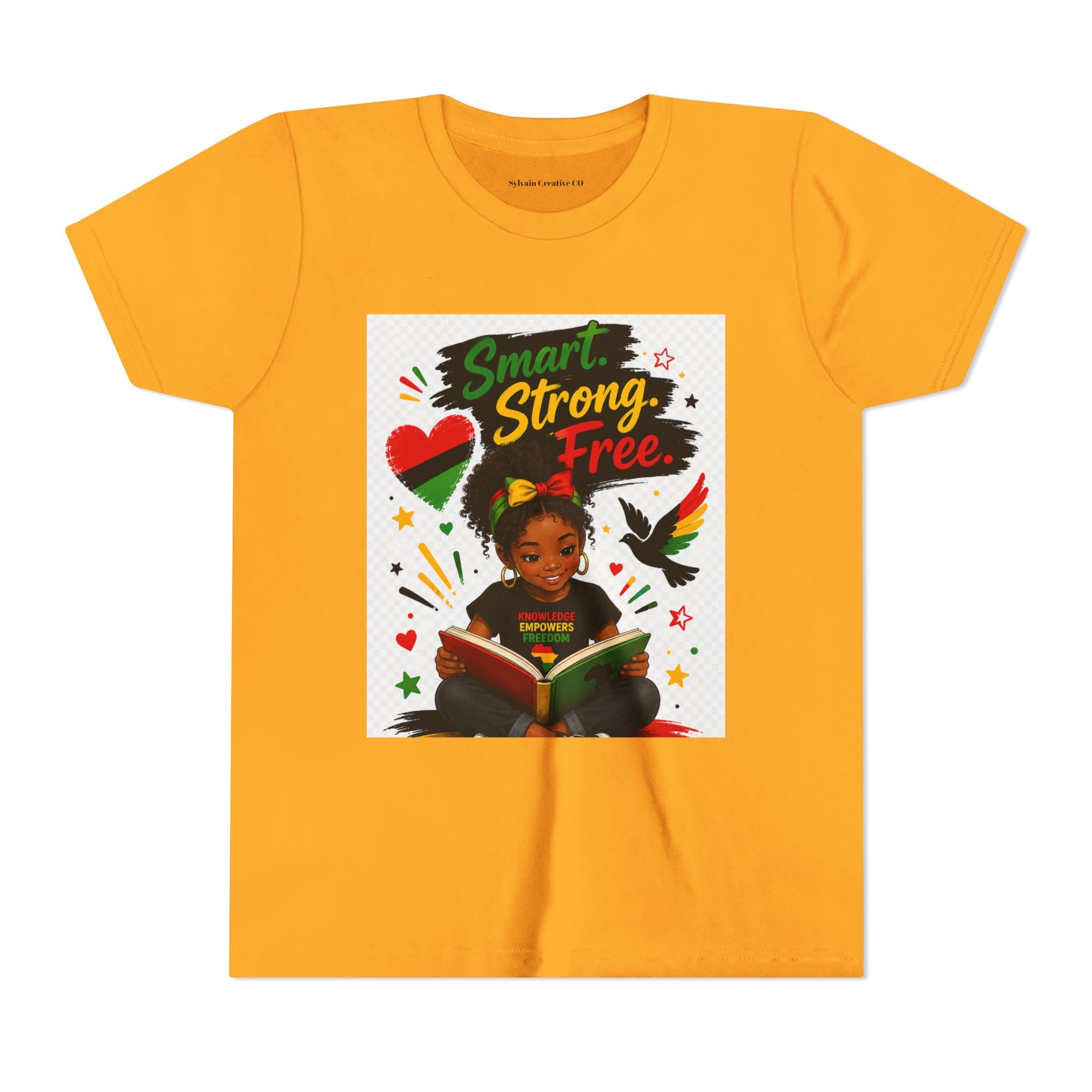 Juneteenth Youth Tee — "Smart. Strong. Free." Black Girl Reading Graphic Kid Shirt