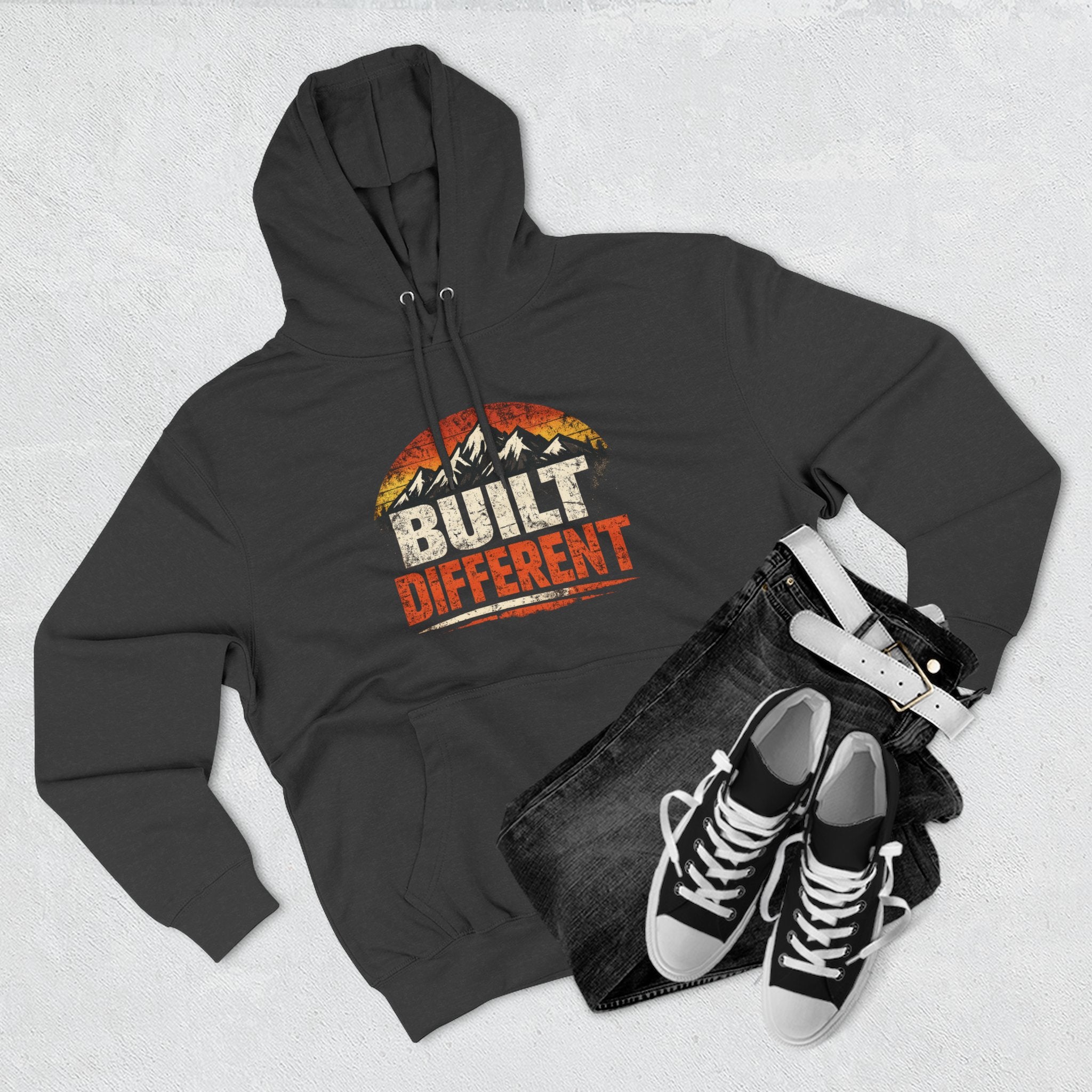 Built Different Hoodie — Retro Mountain "Train Harder, Work Harder" Graphic Hoodie