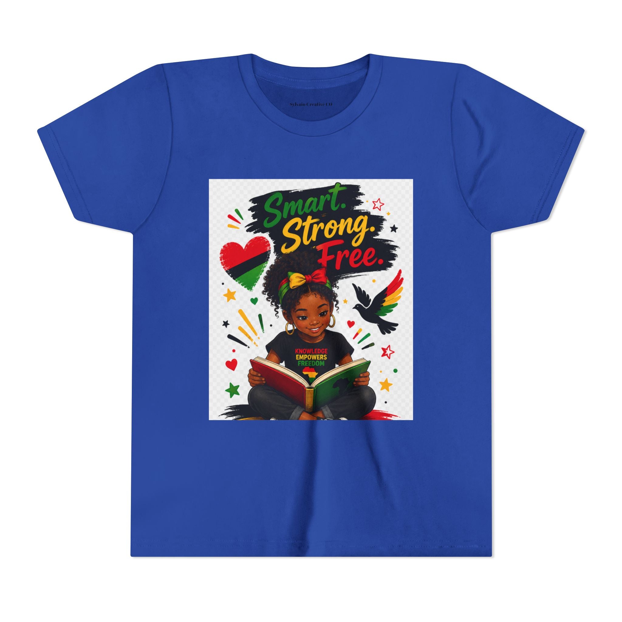 Juneteenth Youth Tee — "Smart. Strong. Free." Black Girl Reading Graphic Kid Shirt