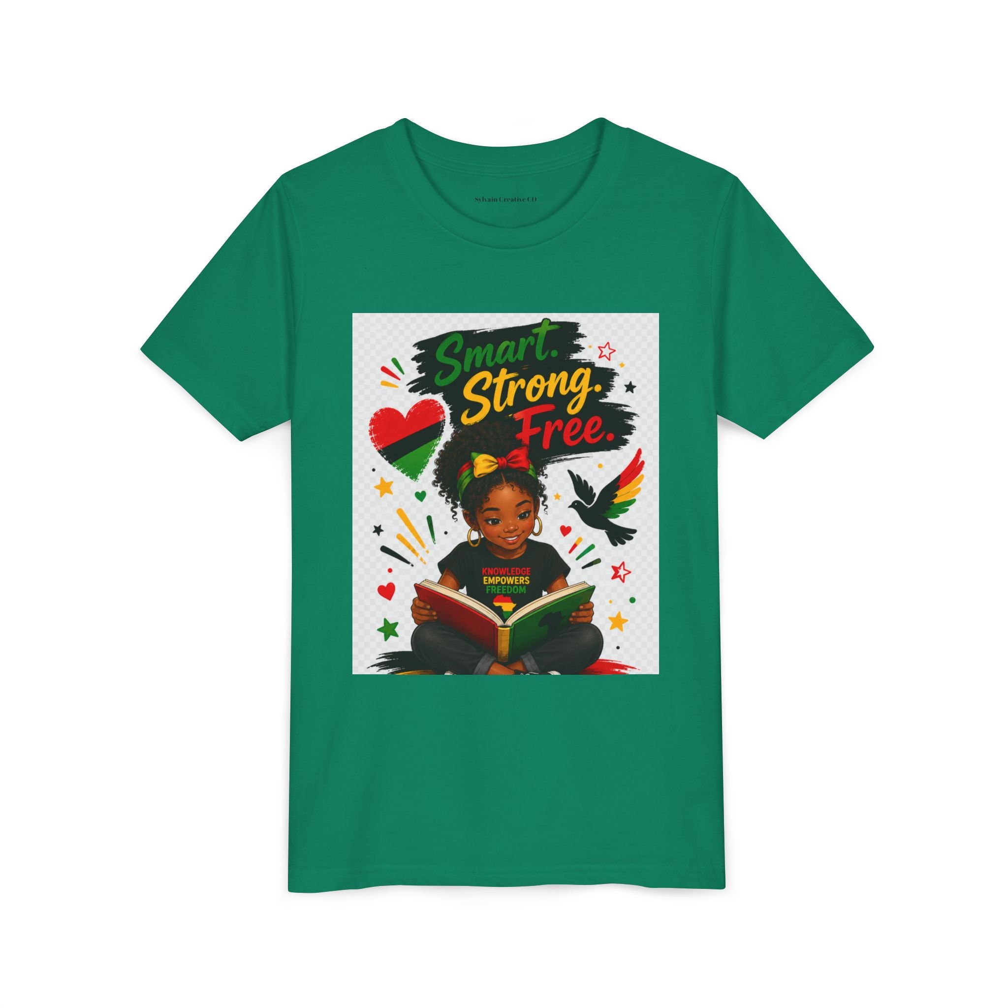 Juneteenth Youth Tee — "Smart. Strong. Free." Black Girl Reading Graphic Kid Shirt