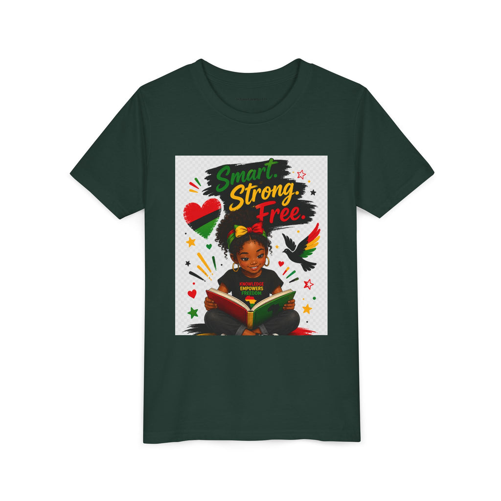Juneteenth Youth Tee — "Smart. Strong. Free." Black Girl Reading Graphic Kid Shirt
