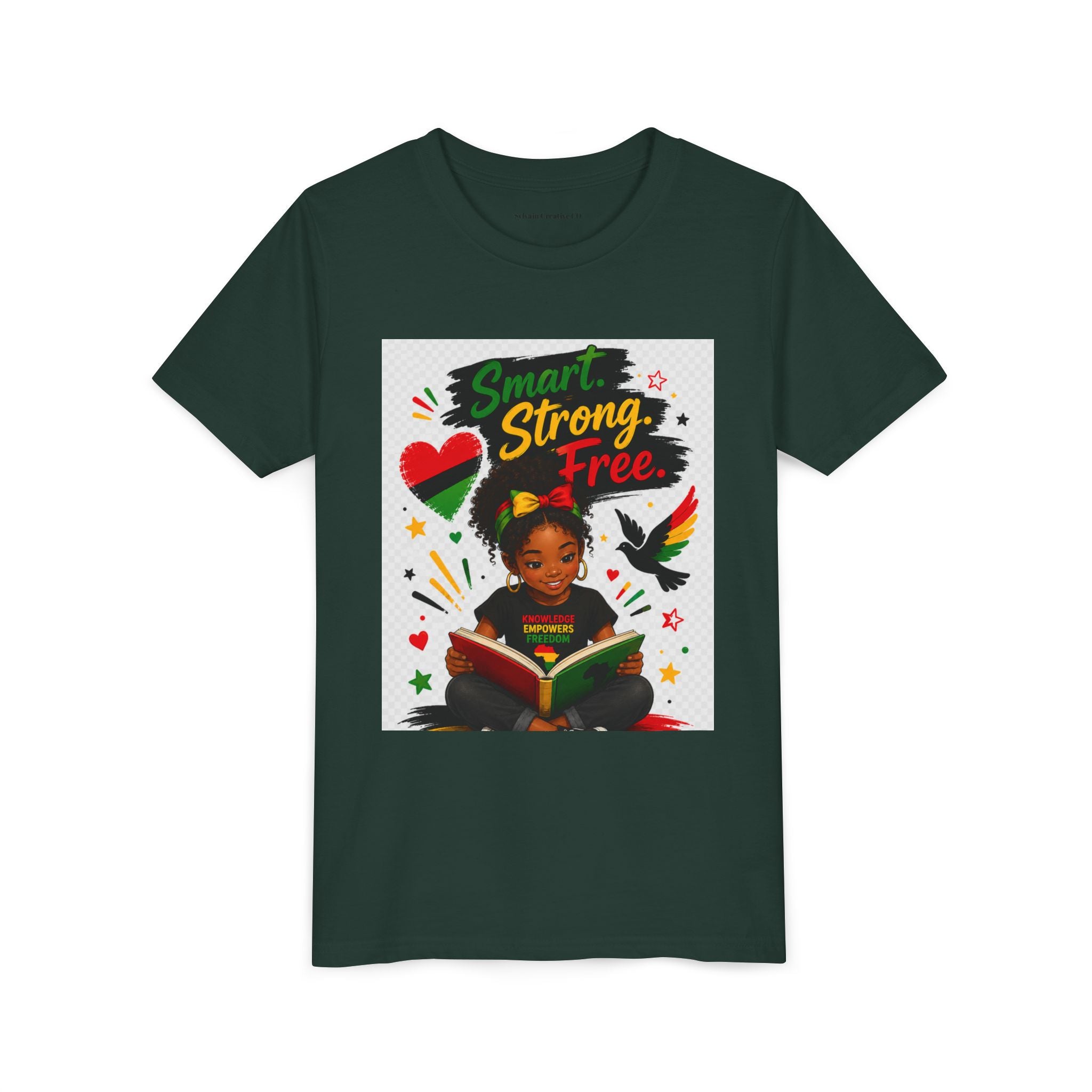 Juneteenth Youth Tee — "Smart. Strong. Free." Black Girl Reading Graphic Kid Shirt