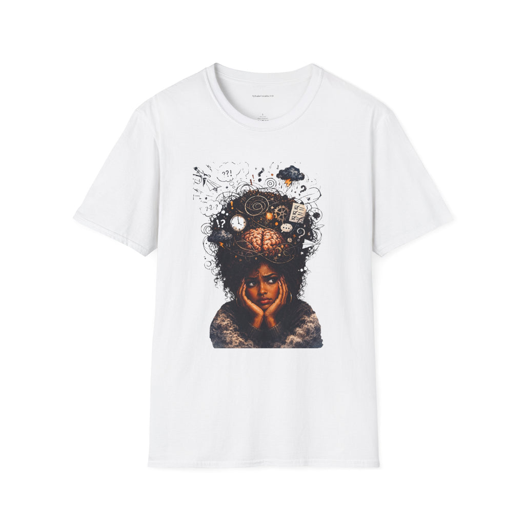 T-Shirt — 'Mindstorm' Graphic Tee Featuring Thoughtful Woman & Brain Doodle Art