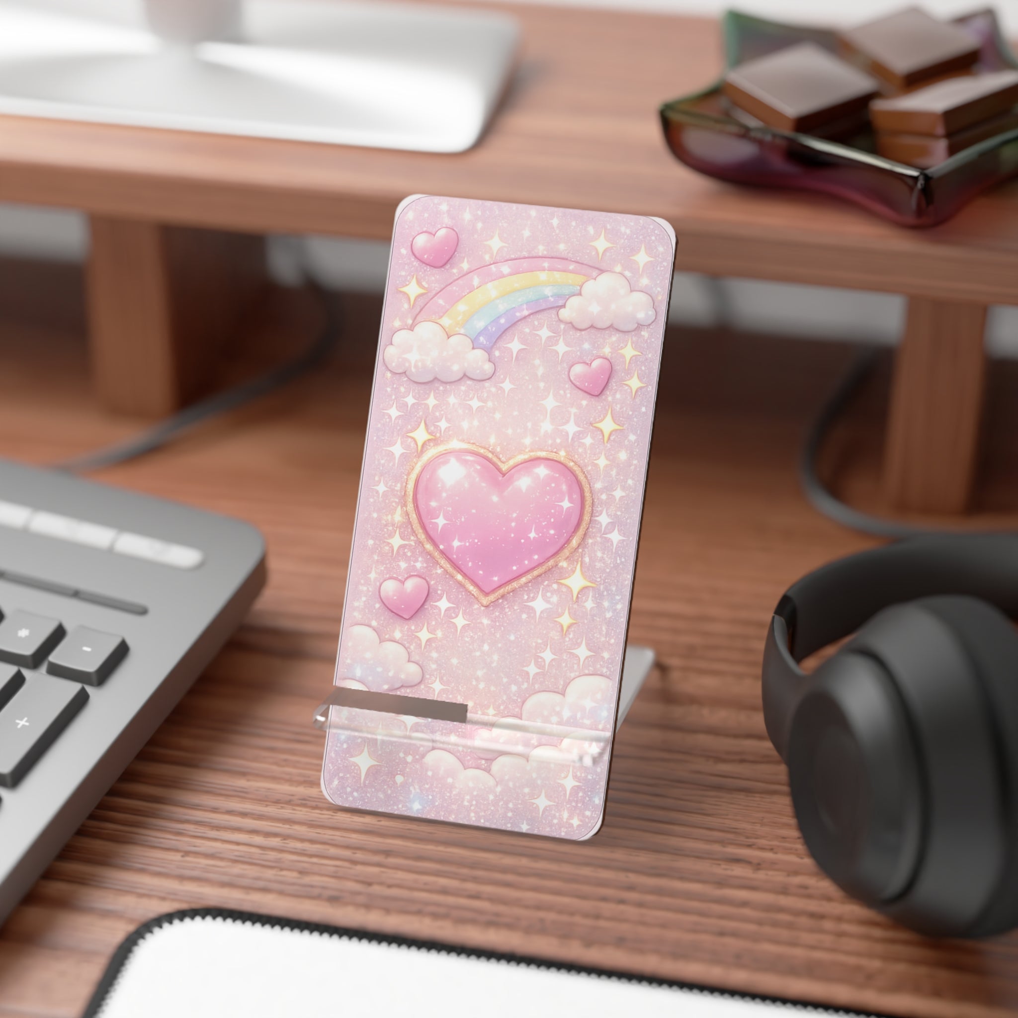 Cute Pink Heart & Rainbow Phone Stand — Foldable Mobile Display Stand for Smartphones