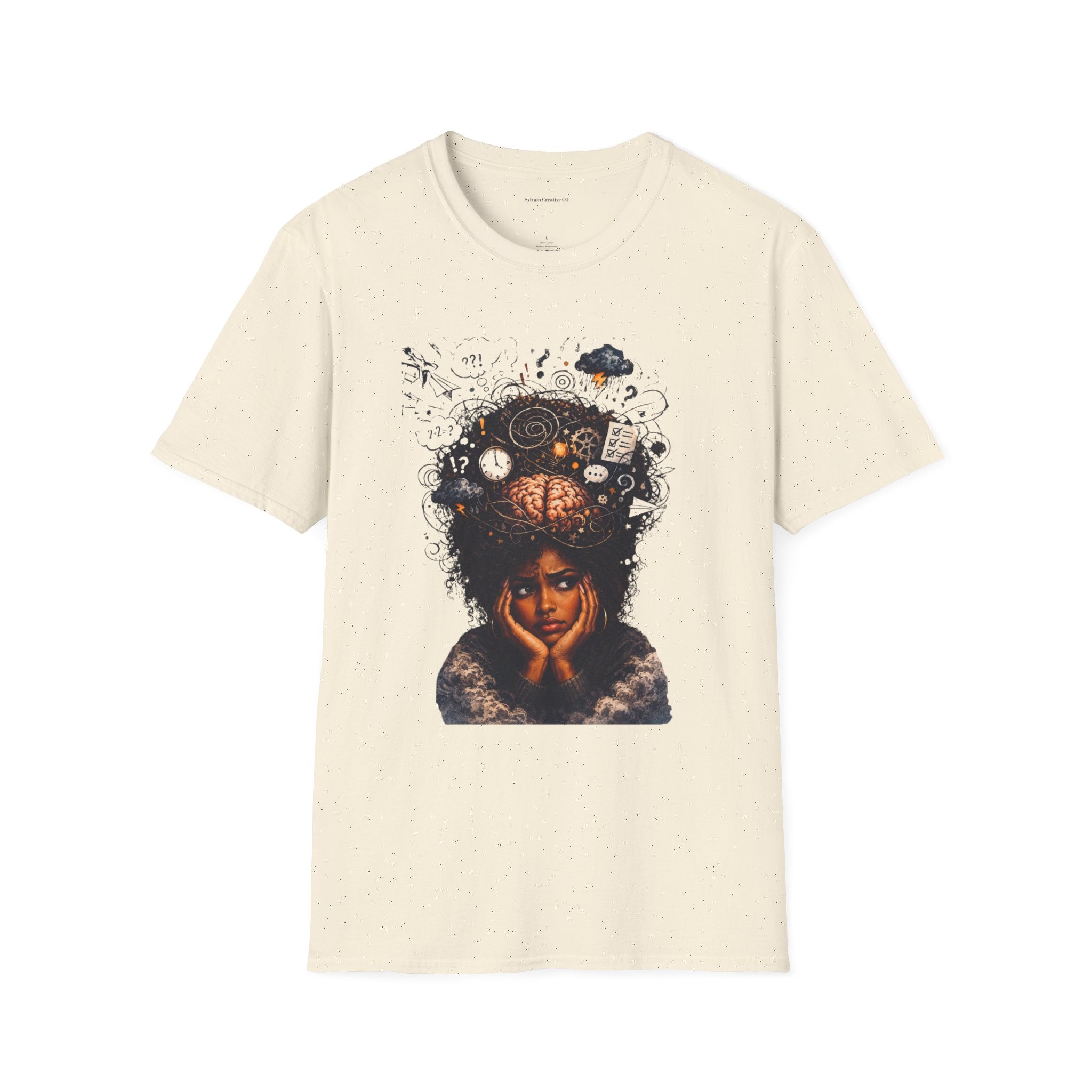 T-Shirt — 'Mindstorm' Graphic Tee Featuring Thoughtful Woman & Brain Doodle Art