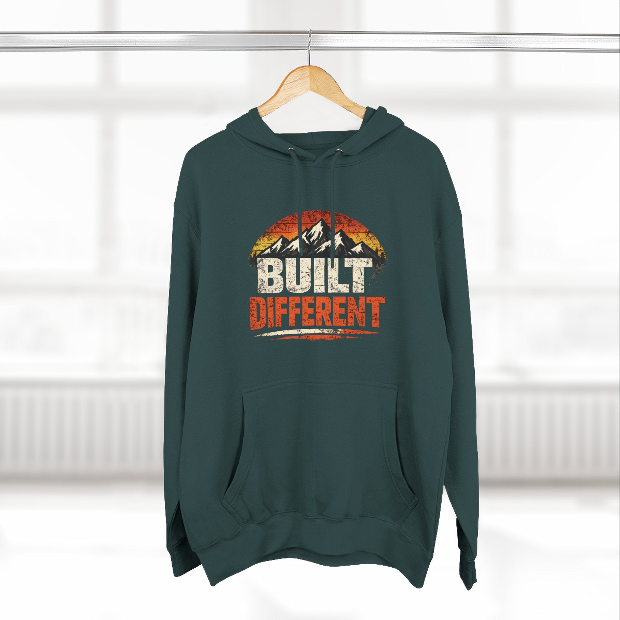 Built Different Hoodie — Retro Mountain "Train Harder, Work Harder" Graphic Hoodie
