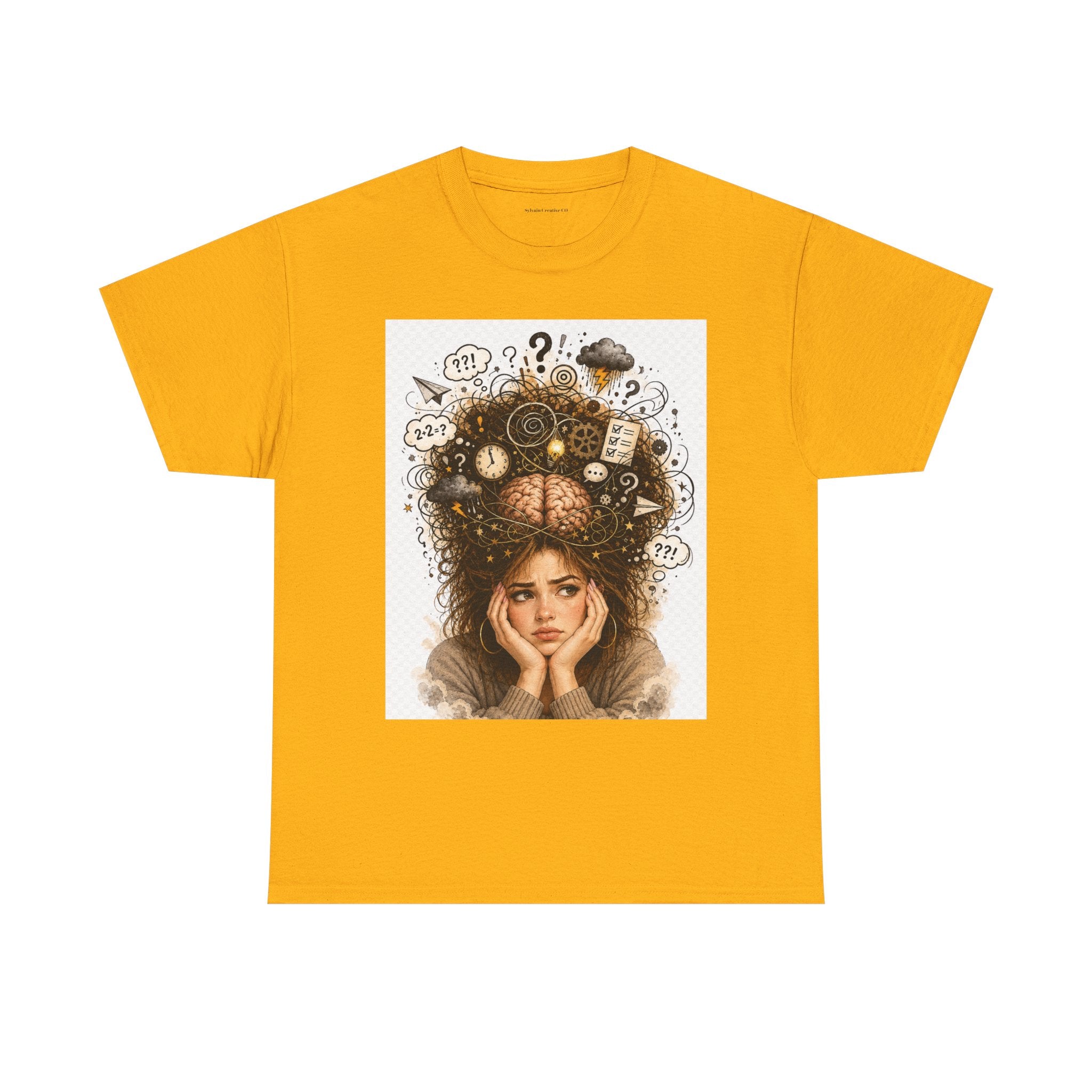 T-Shirt — Daydreaming Girl Illustration Tee (clock & question mark design)