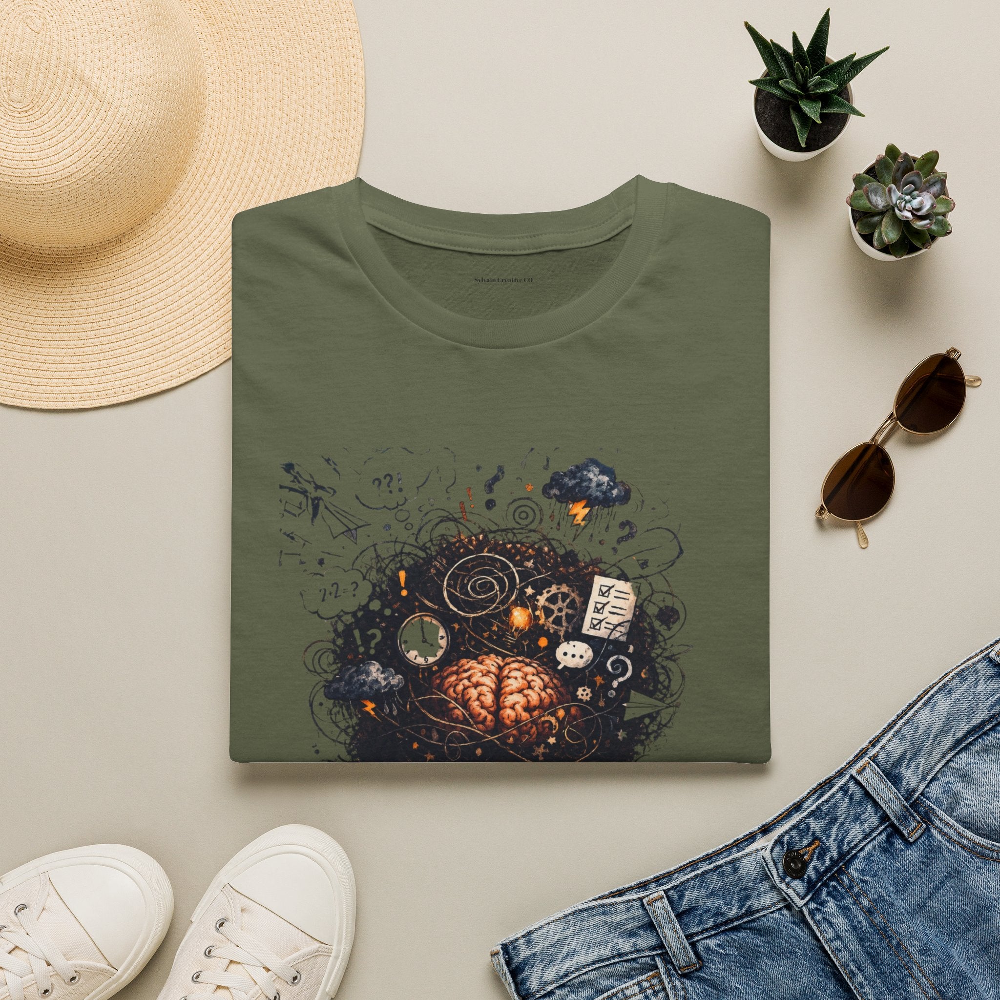 T-Shirt — 'Mindstorm' Graphic Tee Featuring Thoughtful Woman & Brain Doodle Art