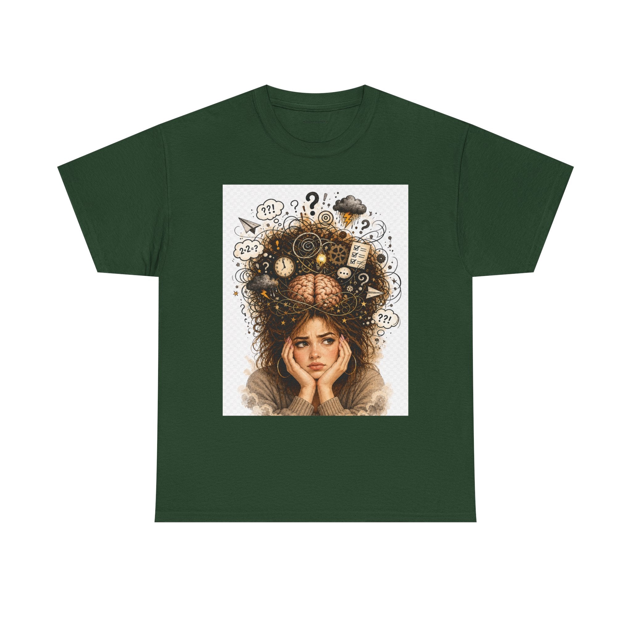 T-Shirt — Daydreaming Girl Illustration Tee (clock & question mark design)
