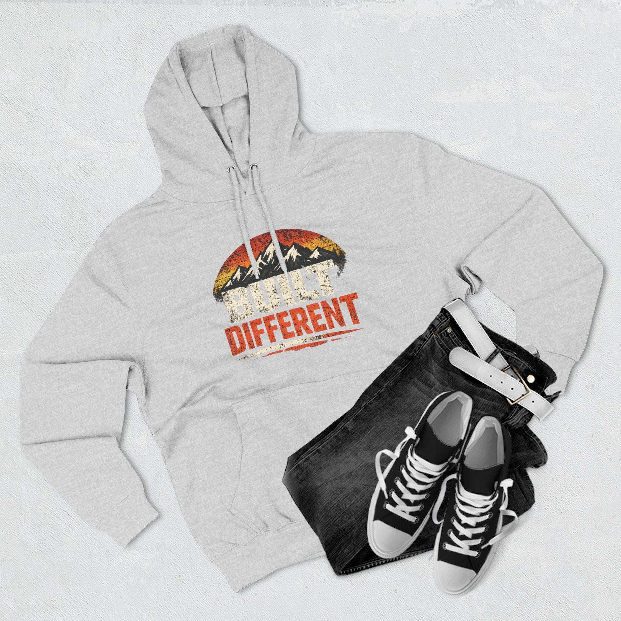 Built Different Hoodie — Retro Mountain "Train Harder, Work Harder" Graphic Hoodie