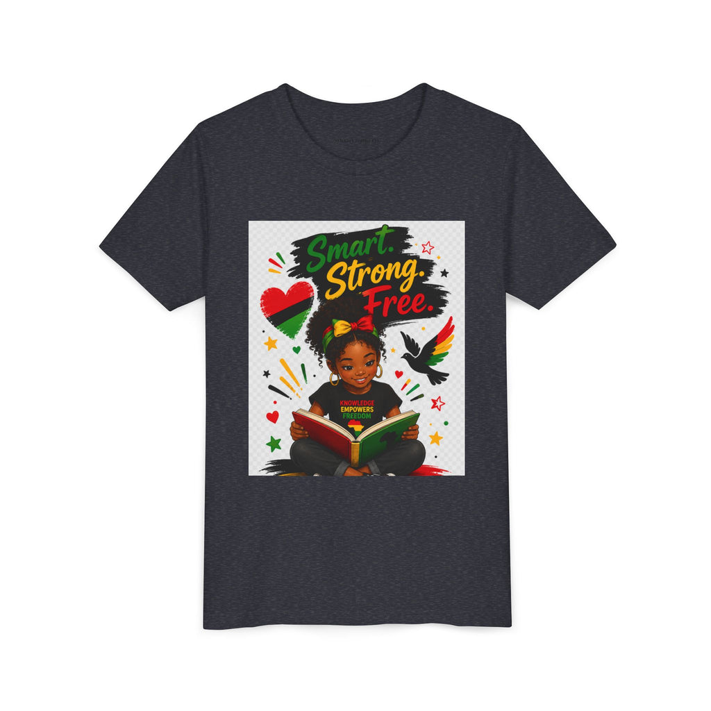 Juneteenth Youth Tee — "Smart. Strong. Free." Black Girl Reading Graphic Kid Shirt