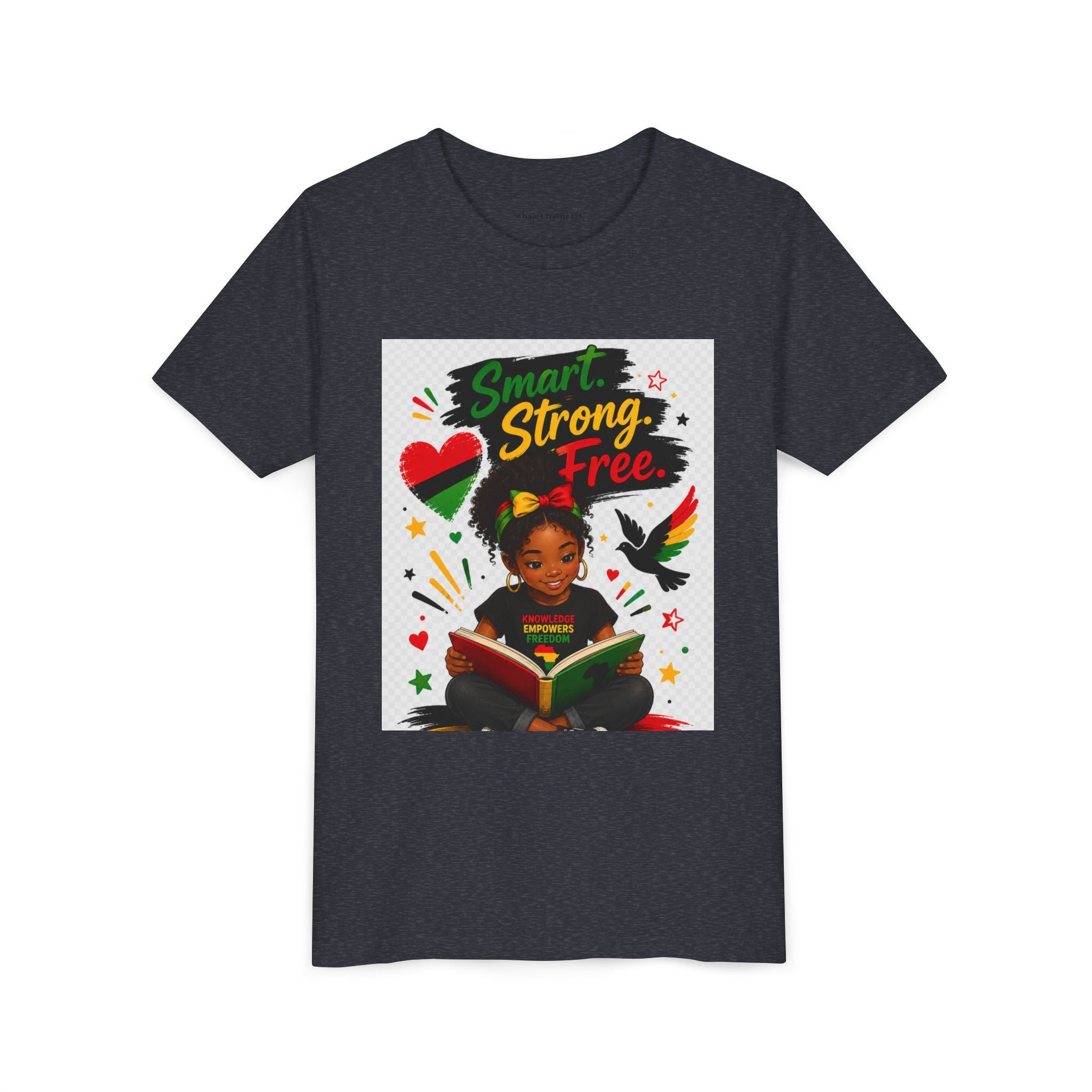 Juneteenth Youth Tee — "Smart. Strong. Free." Black Girl Reading Graphic Kid Shirt