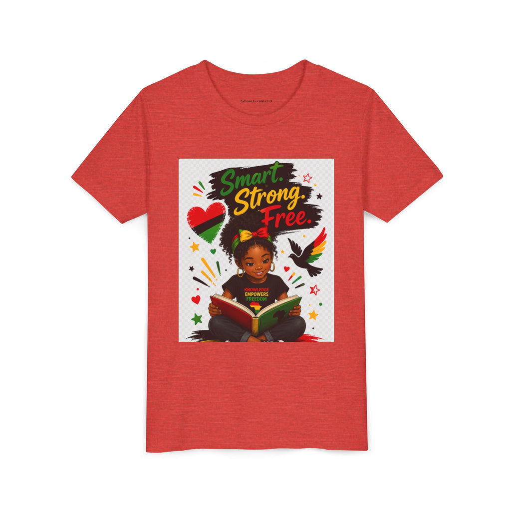 Juneteenth Youth Tee — "Smart. Strong. Free." Black Girl Reading Graphic Kid Shirt