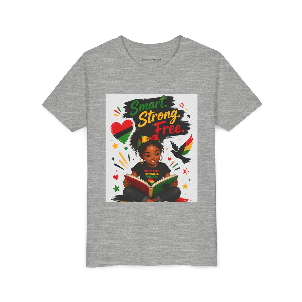 Juneteenth Youth Tee — "Smart. Strong. Free." Black Girl Reading Graphic Kid Shirt