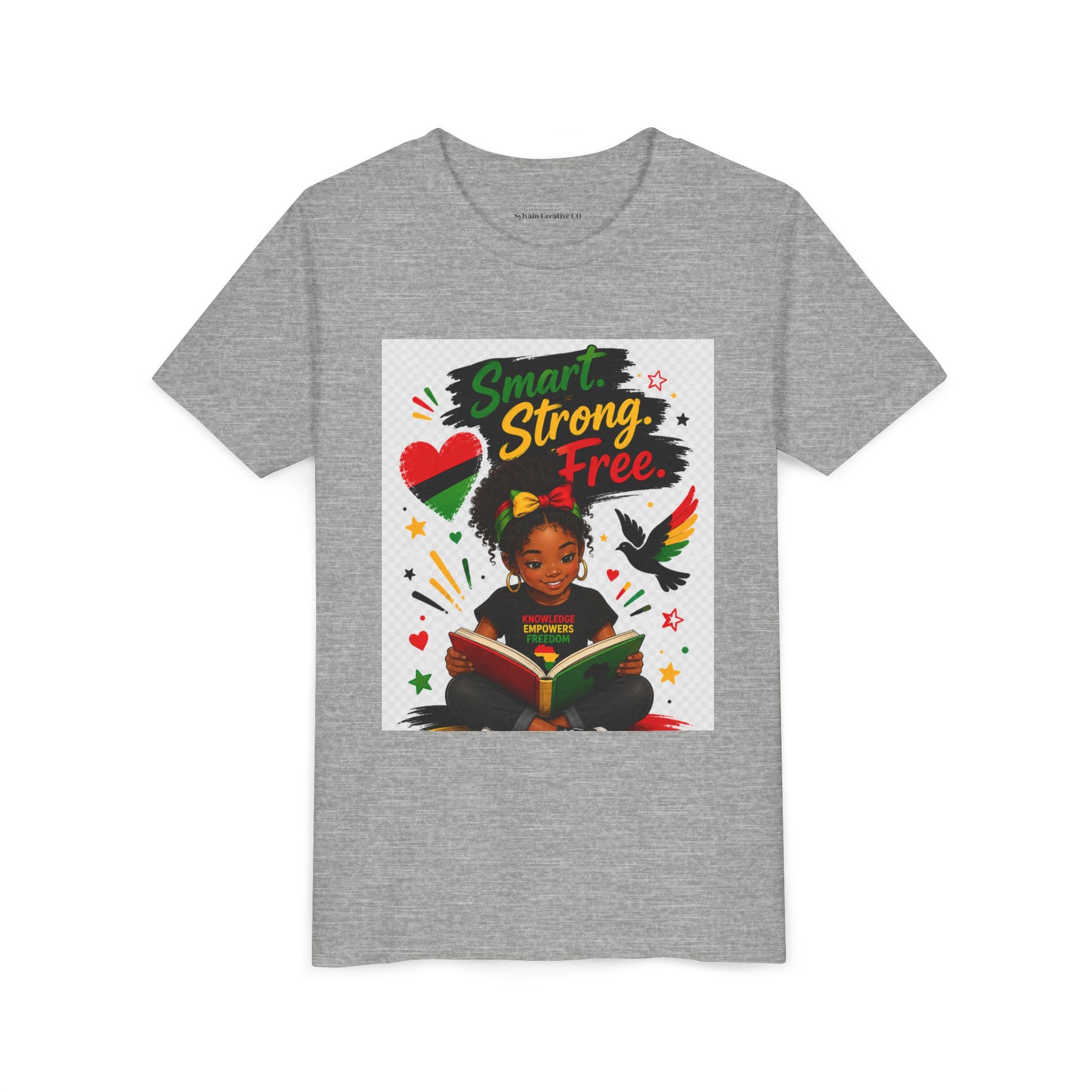 Juneteenth Youth Tee — "Smart. Strong. Free." Black Girl Reading Graphic Kid Shirt