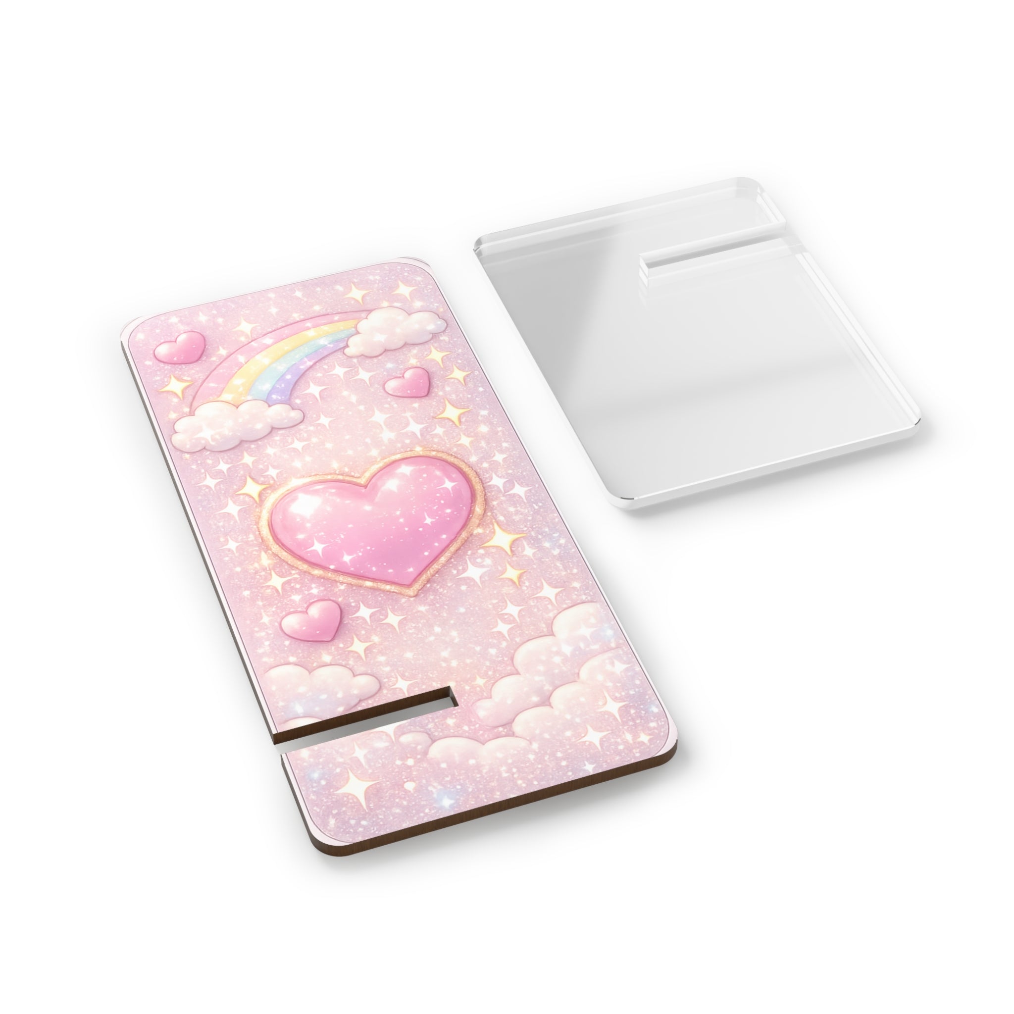 Cute Pink Heart & Rainbow Phone Stand — Foldable Mobile Display Stand for Smartphones