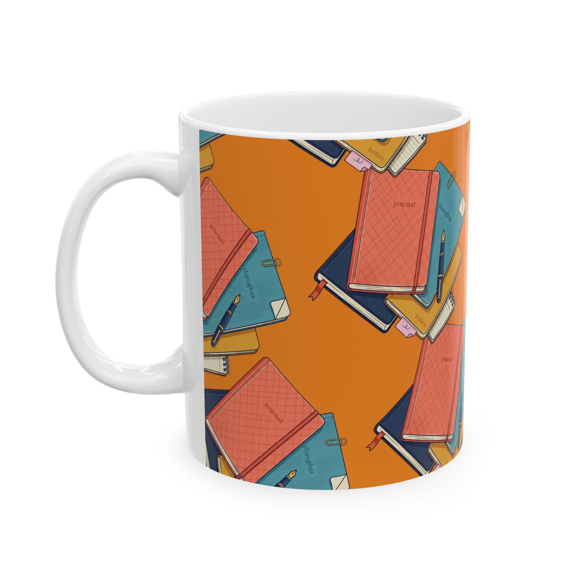 Notebook Stack Ceramic Mug — Cozy Orange Journaling Mug (11oz & 15oz)