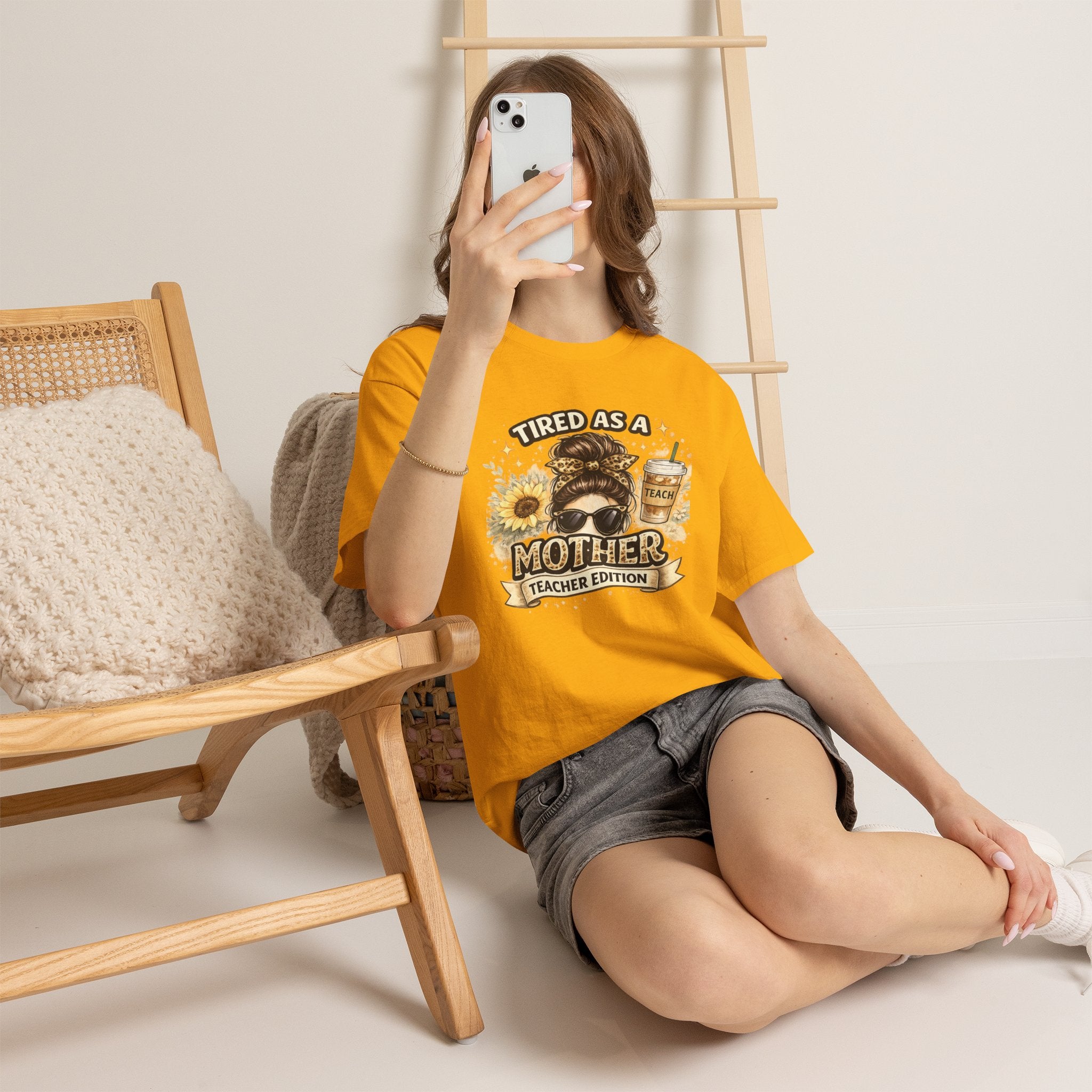 T-Shirt — "Tired as a Mother: Teacher Edition" Graphic Tee (Sunflower & Coffee Design)
