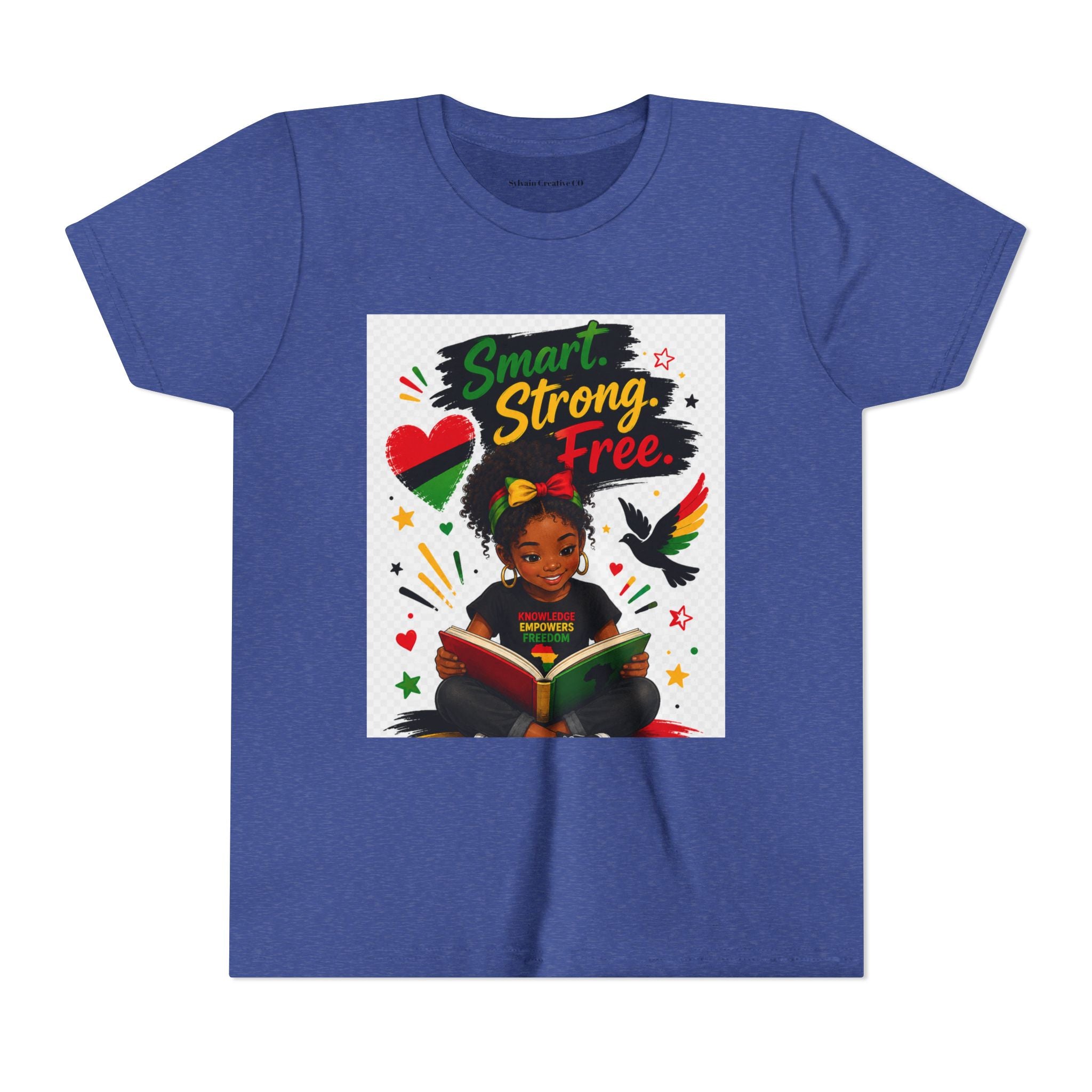 Juneteenth Youth Tee — "Smart. Strong. Free." Black Girl Reading Graphic Kid Shirt