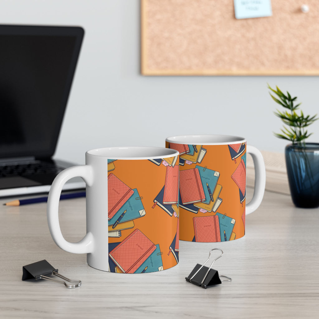 Notebook Stack Ceramic Mug — Cozy Orange Journaling Mug (11oz & 15oz)
