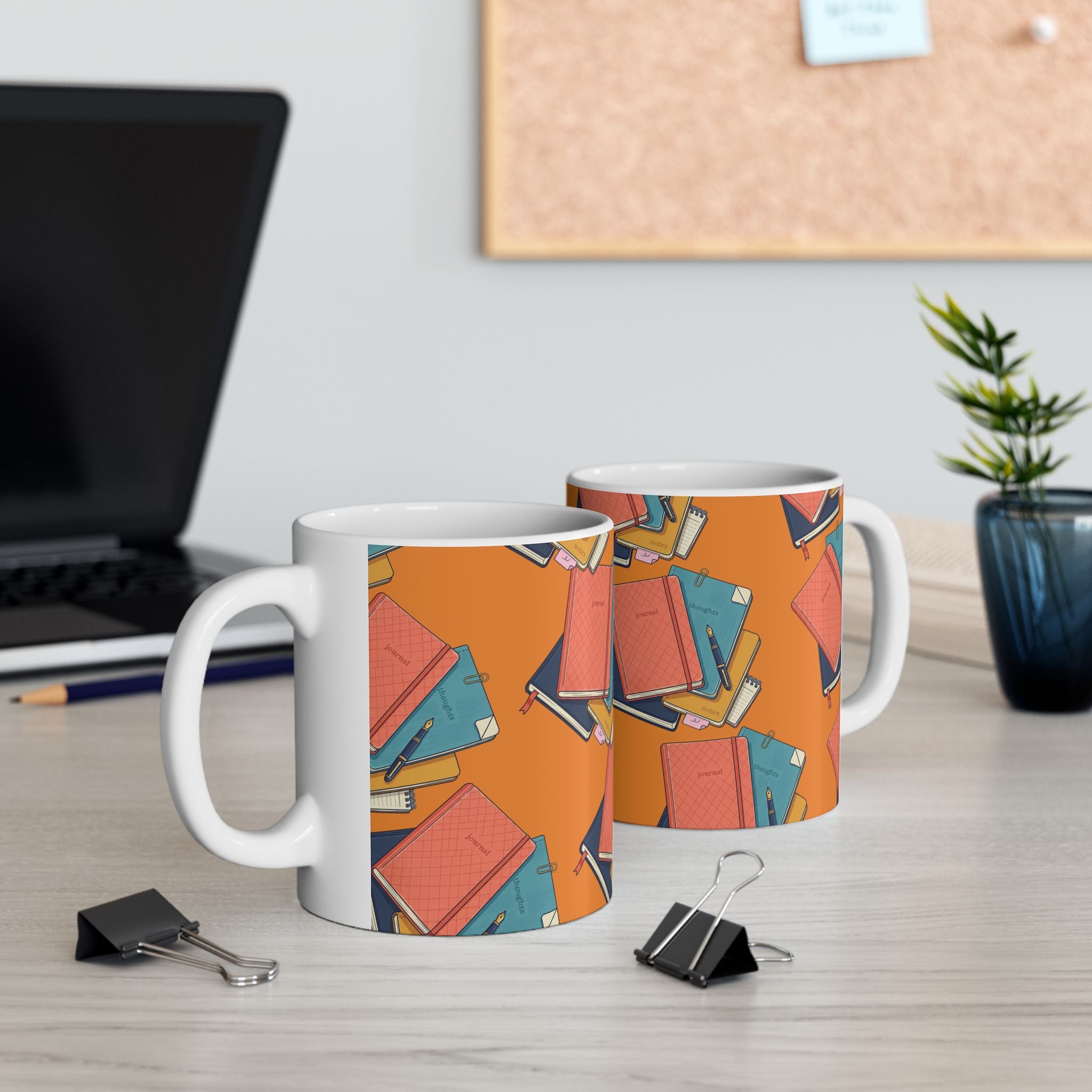 Notebook Stack Ceramic Mug — Cozy Orange Journaling Mug (11oz & 15oz)