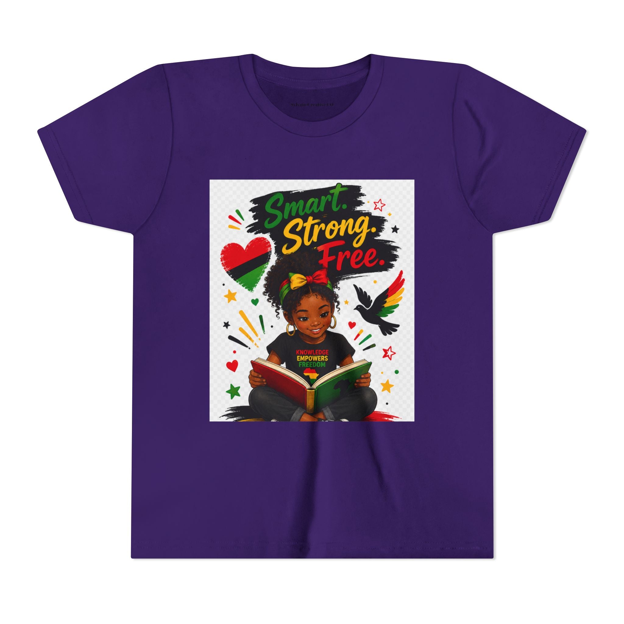 Juneteenth Youth Tee — "Smart. Strong. Free." Black Girl Reading Graphic Kid Shirt