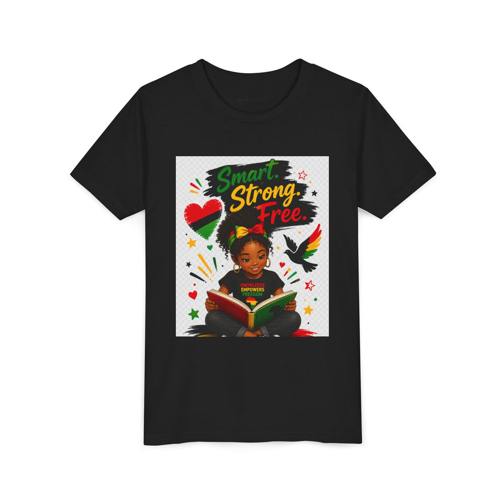 Juneteenth Youth Tee — "Smart. Strong. Free." Black Girl Reading Graphic Kid Shirt
