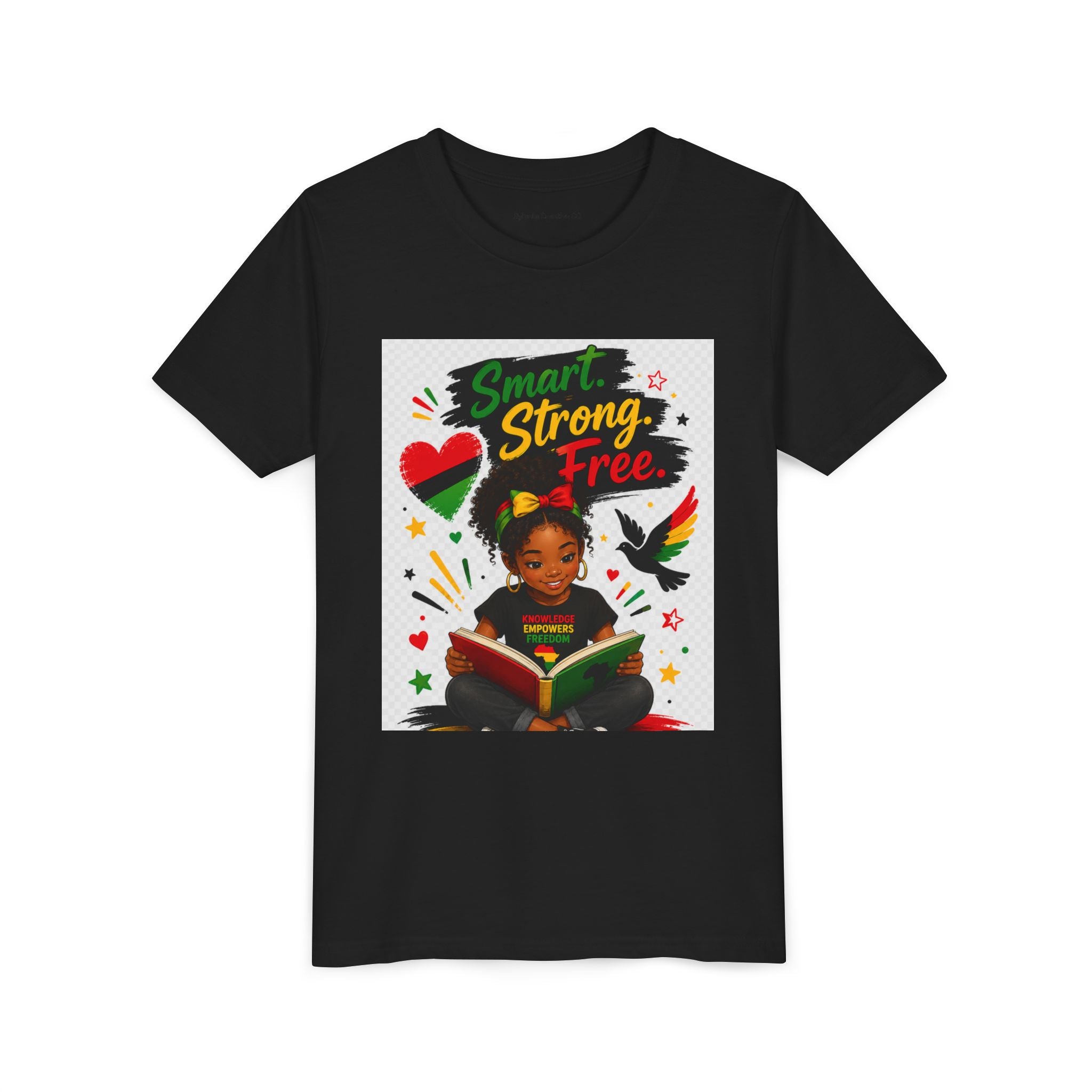 Juneteenth Youth Tee — "Smart. Strong. Free." Black Girl Reading Graphic Kid Shirt