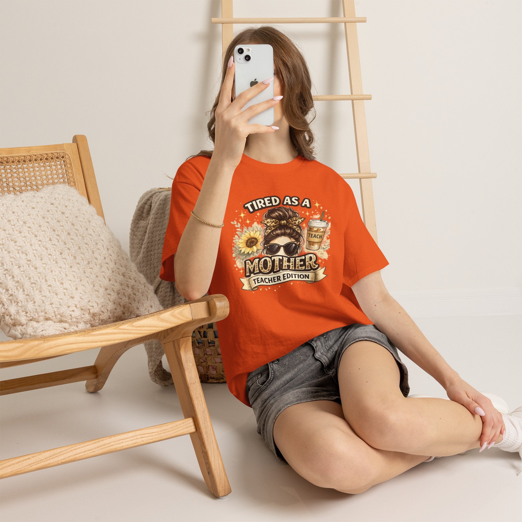 T-Shirt — "Tired as a Mother: Teacher Edition" Graphic Tee (Sunflower & Coffee Design)