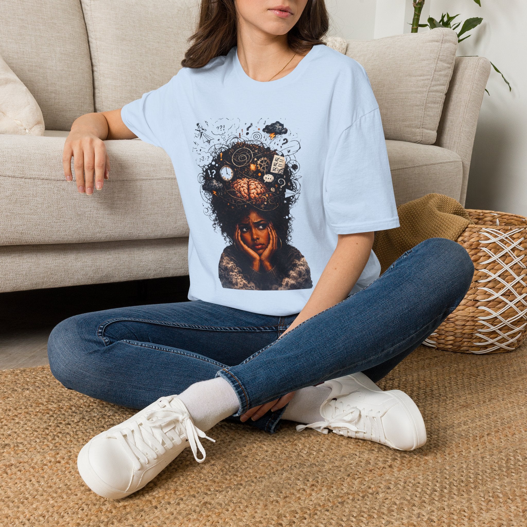 T-Shirt — 'Mindstorm' Graphic Tee Featuring Thoughtful Woman & Brain Doodle Art