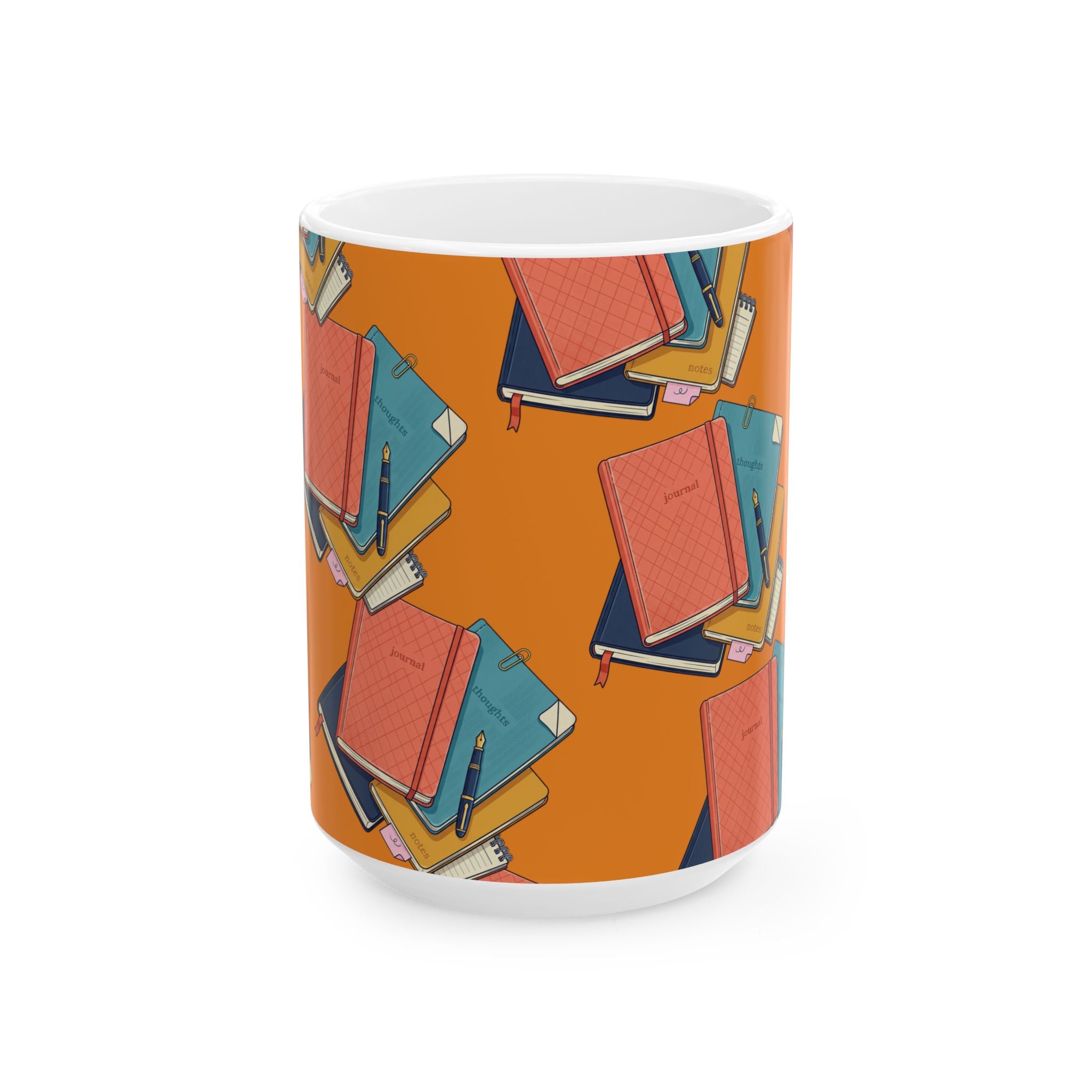 Notebook Stack Ceramic Mug — Cozy Orange Journaling Mug (11oz & 15oz)