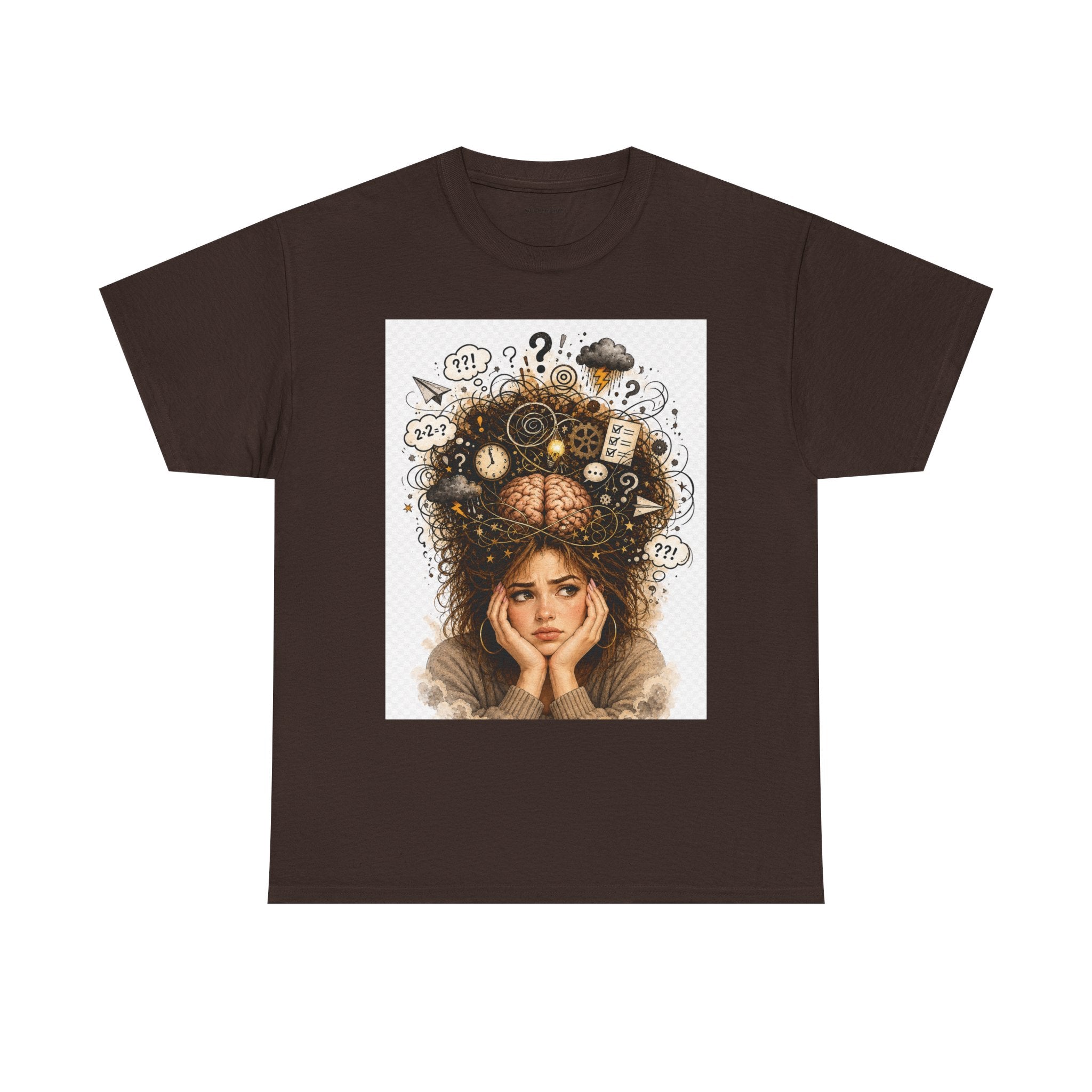 T-Shirt — Daydreaming Girl Illustration Tee (clock & question mark design)