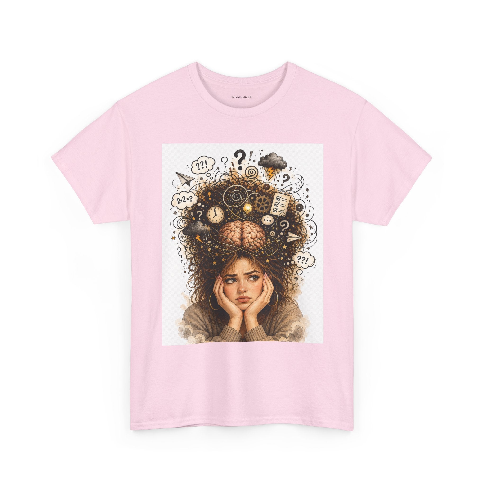 T-Shirt — Daydreaming Girl Illustration Tee (clock & question mark design)