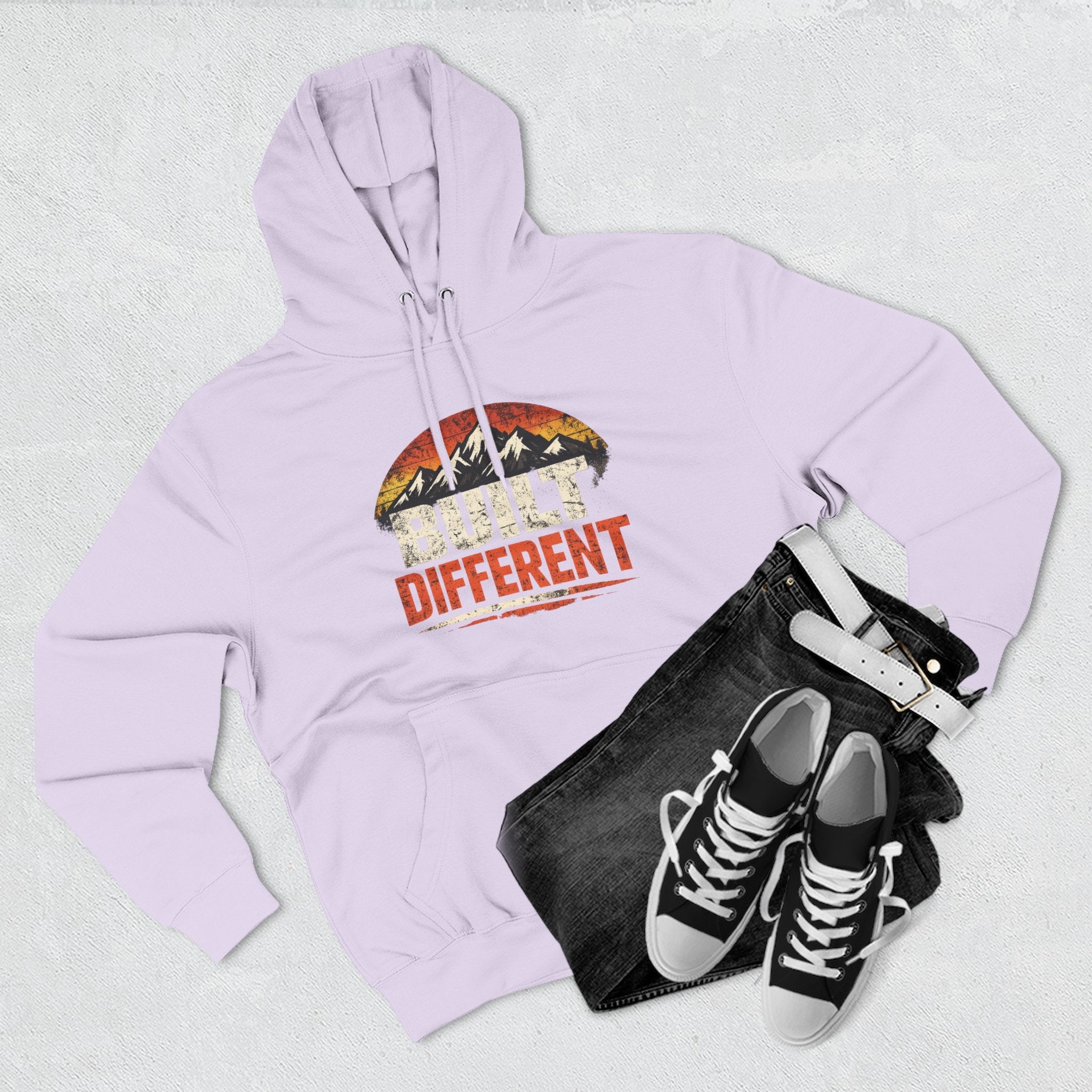 Built Different Hoodie — Retro Mountain "Train Harder, Work Harder" Graphic Hoodie