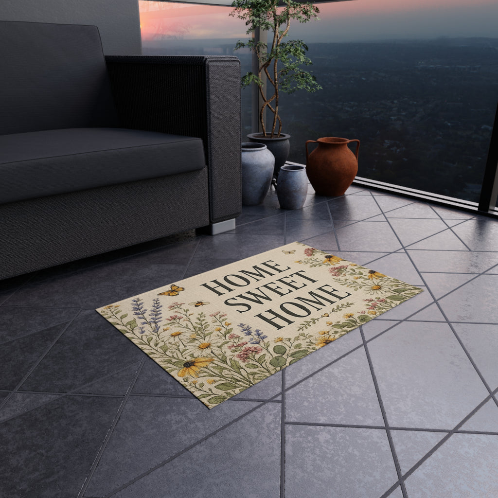 Home Sweet Home Floral Outdoor Rug — Welcome Doormat for Porch & Patio