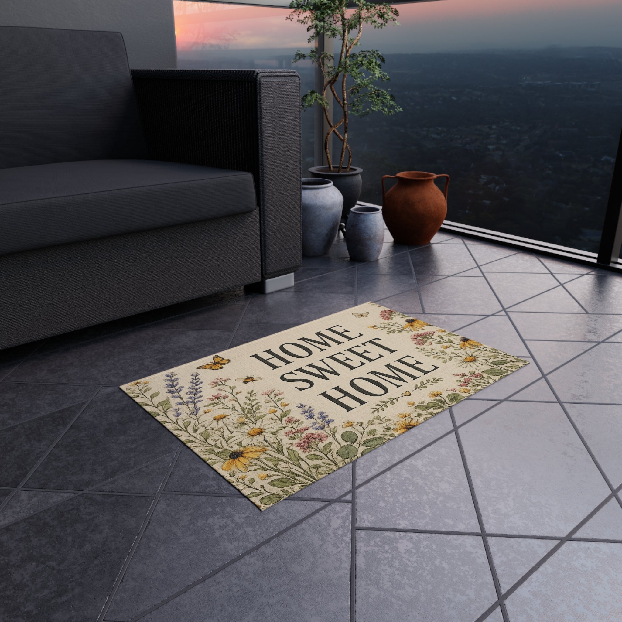 Home Sweet Home Floral Outdoor Rug — Welcome Doormat for Porch & Patio