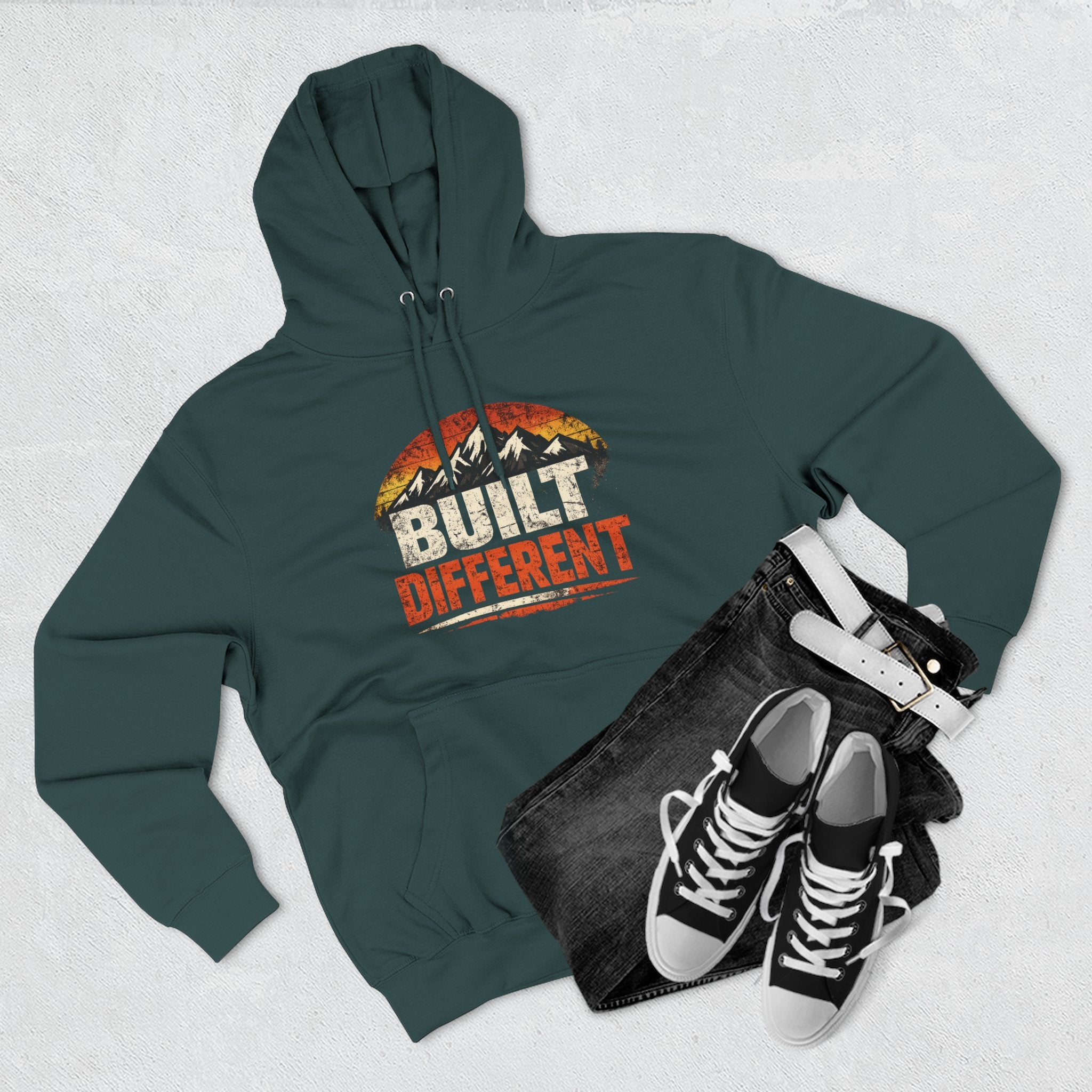 Built Different Hoodie — Retro Mountain "Train Harder, Work Harder" Graphic Hoodie