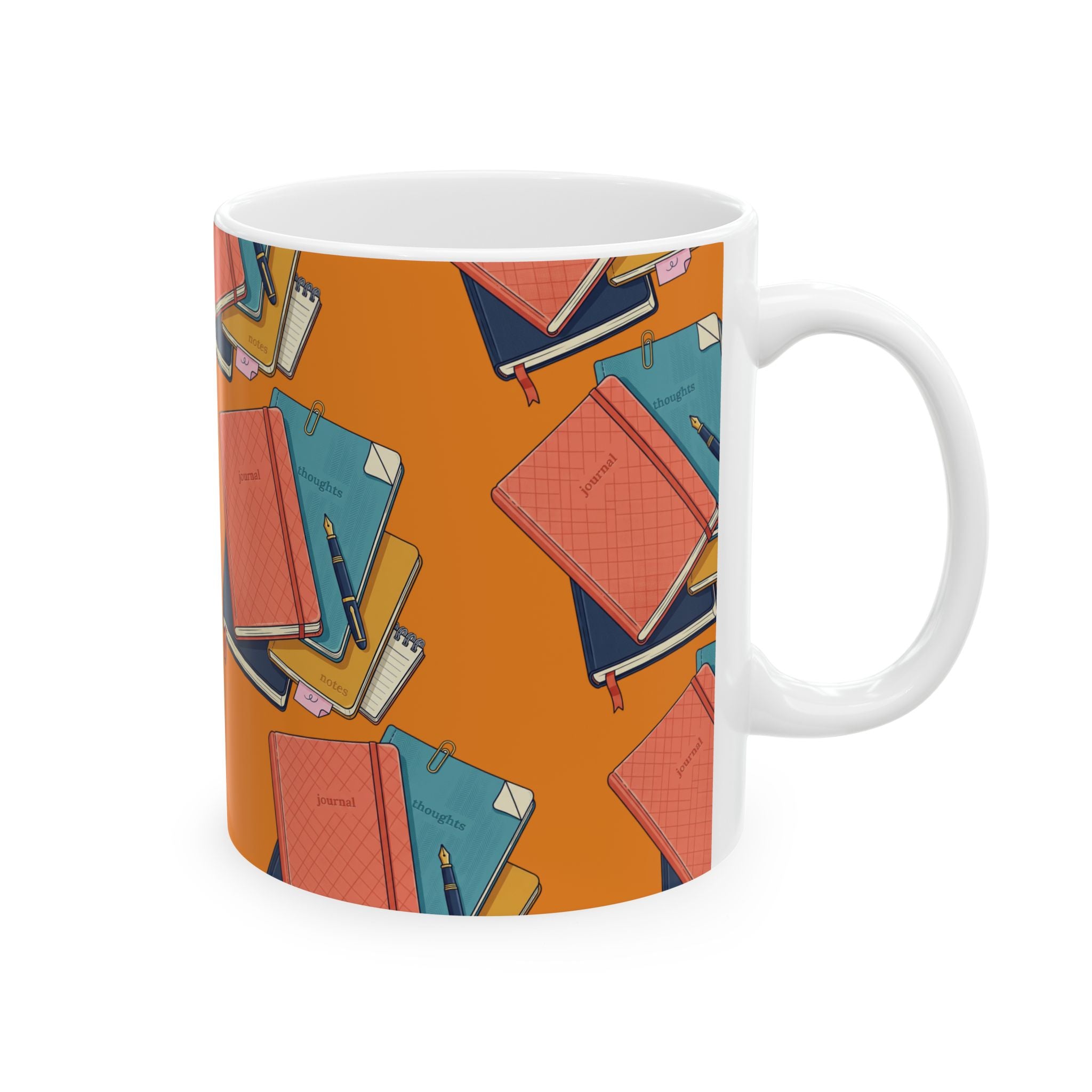 Notebook Stack Ceramic Mug — Cozy Orange Journaling Mug (11oz & 15oz)
